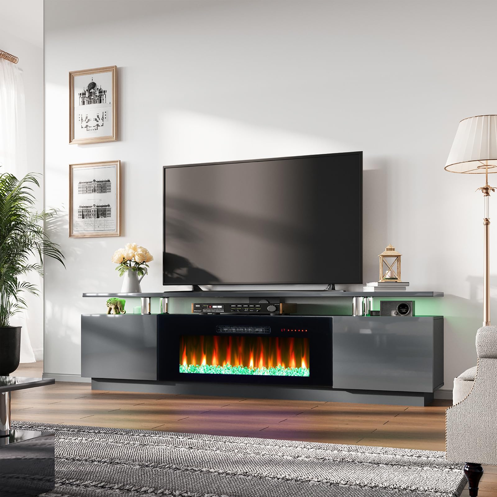 AMERLIFE 80" High-Gloss Fireplace TV Stand with 40" Electric Fireplace