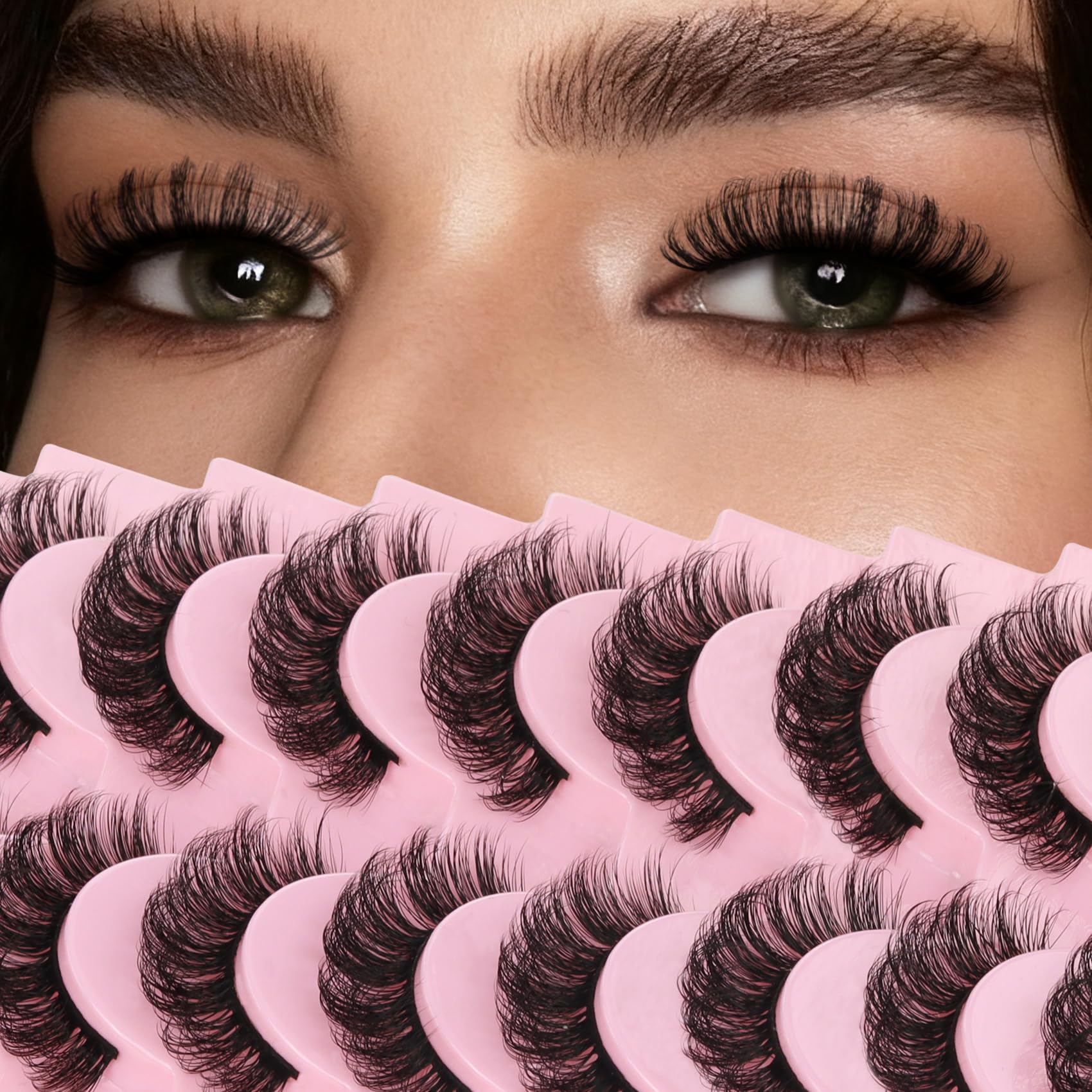 Ahrikiss Russian Strip Lashes D Curl Fluffy False Eyelashes Natural Wispy Faux Mink Lashes Look Like Extensions 10 Pairs Pack Fluffy 3D Volume Fake Eyelashes (D03)