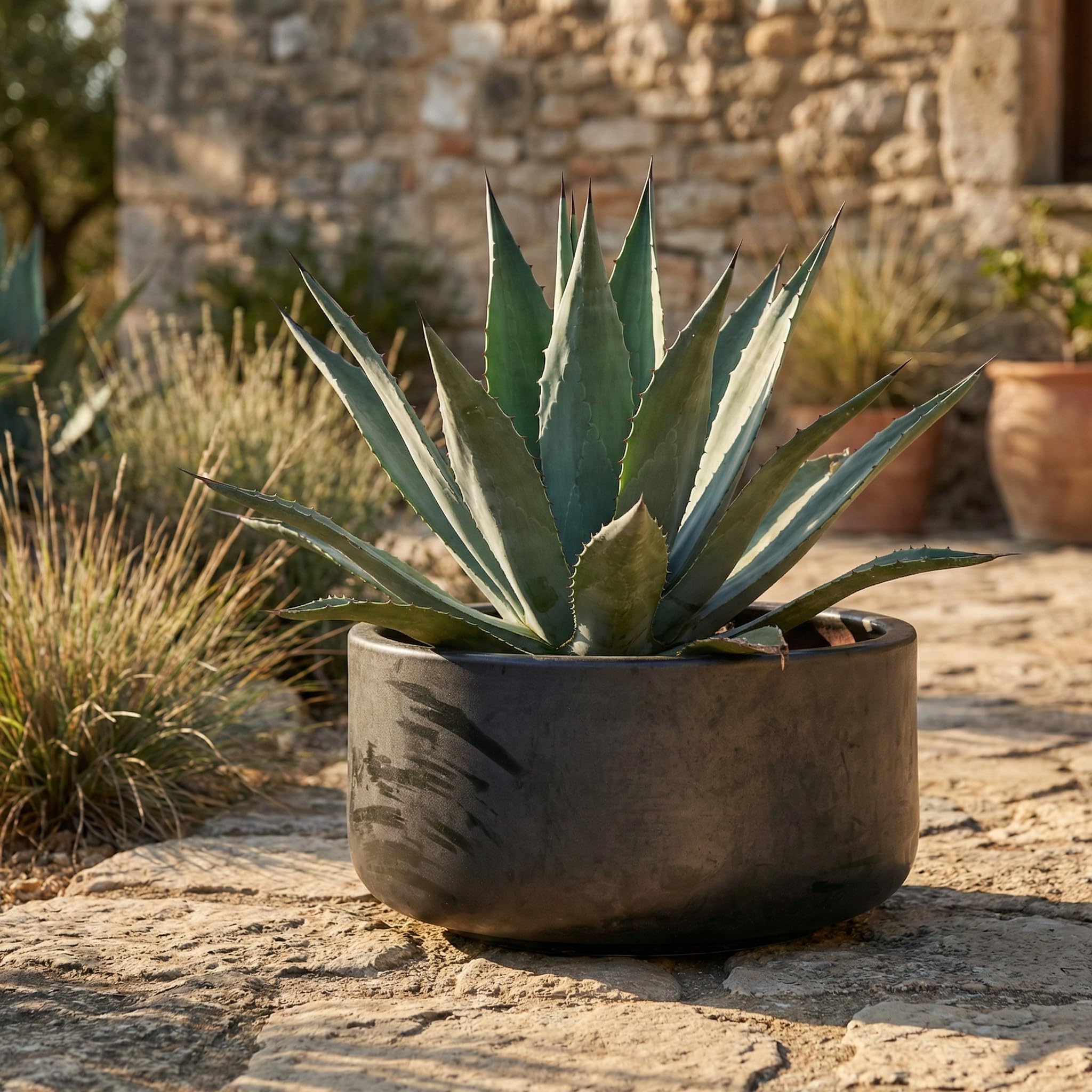 Teramico Pot de fleurs en grès résistant au gel - Fait à la main - Pot de fleurs rond résistant à l'hiver - Avec trou - Résistant aux intempéries, massif et robuste (anthracite, 38 cm x 20 cm)