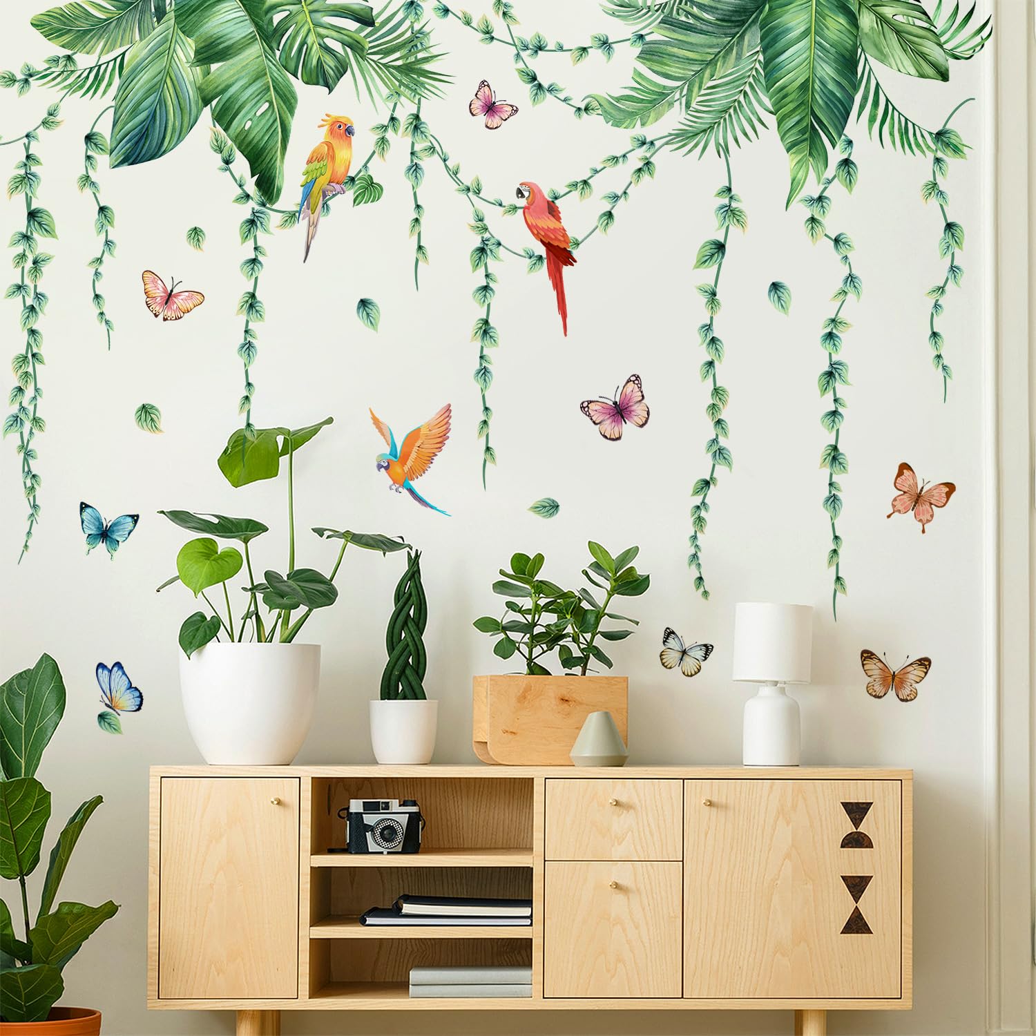 Buiory Removable Tropical Leaves Wall Decals Vinyl Hanging Vines Green Plants Wall Stickers Peel and Stick Jungle Safari Mural Art Decor for Nursery