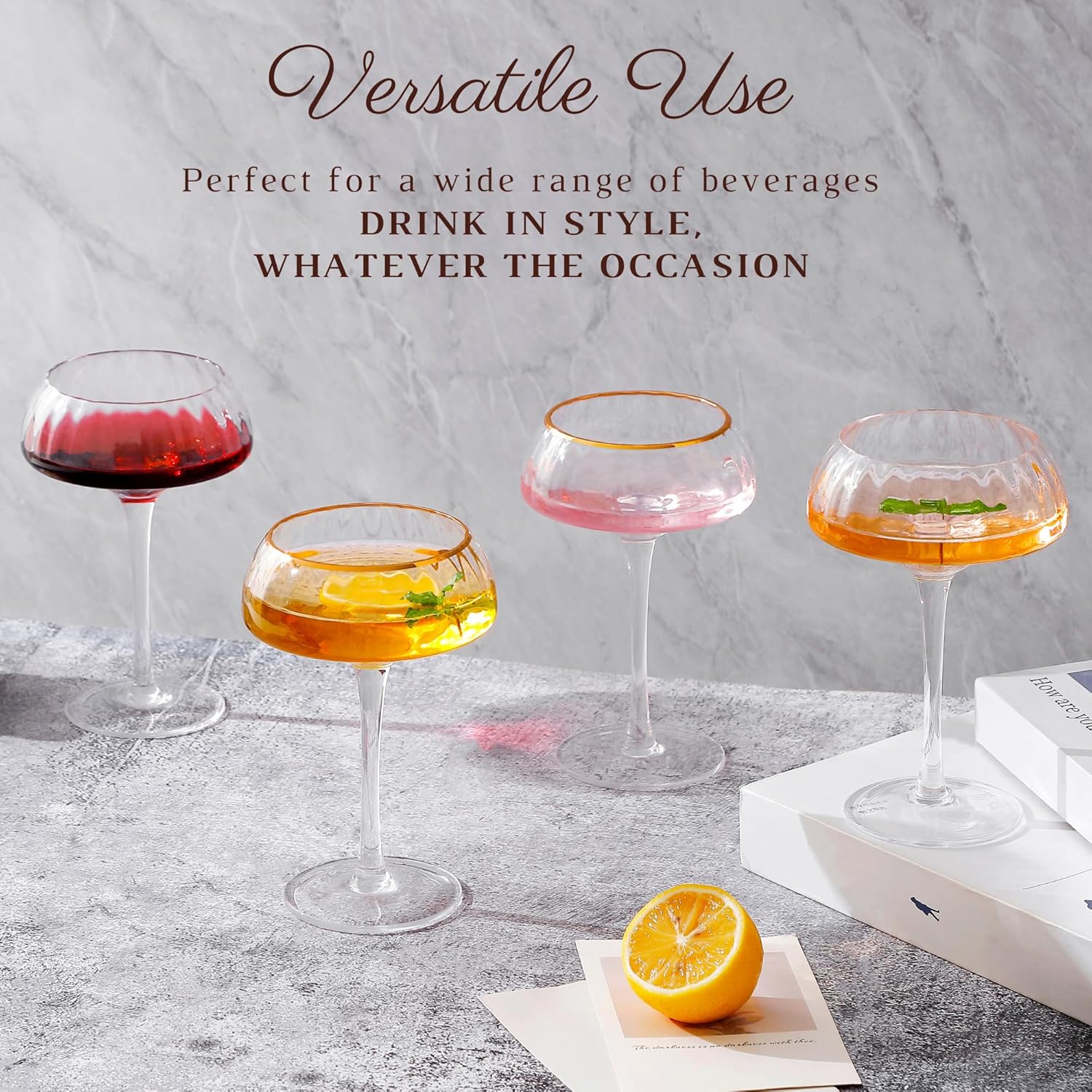 Lysenn Coupe Glasses Set of 4 - Premium Hand Blown Martini Glasses - Perfect for Cocktail and Champagne – 8.45 oz, Clear - Image 7