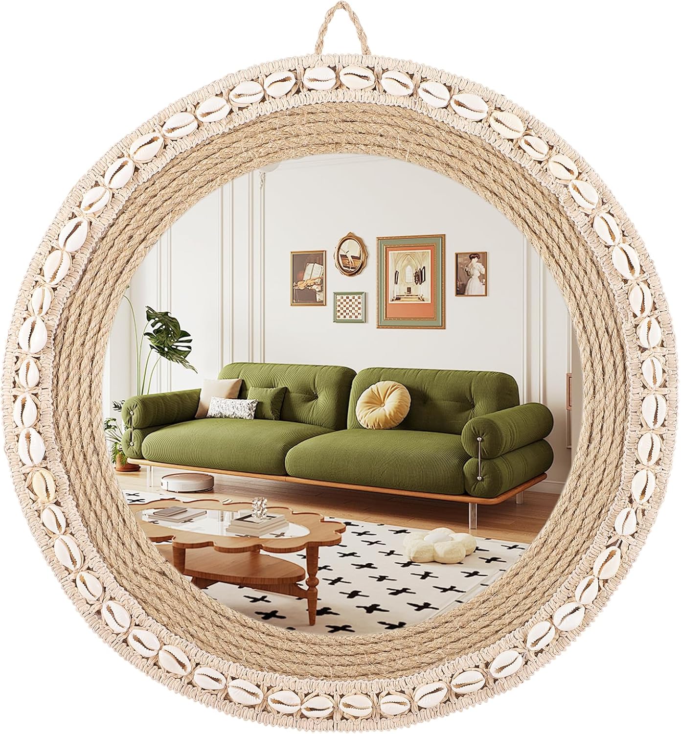 Round Mirrors for Wall, Hand-Woven Shell Lace Decorative Mirror, Boho Mirrors for Over Sink, Wall Decor for Bathroom, Entryway, Bedroom, Vanity (Natural)