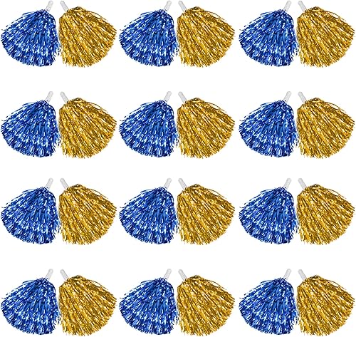 DILIBRA 24 pompones metálicos de animadora para niños, pompones de animadora con mango de bastón, flores de mano de escuadrón de animadoras para