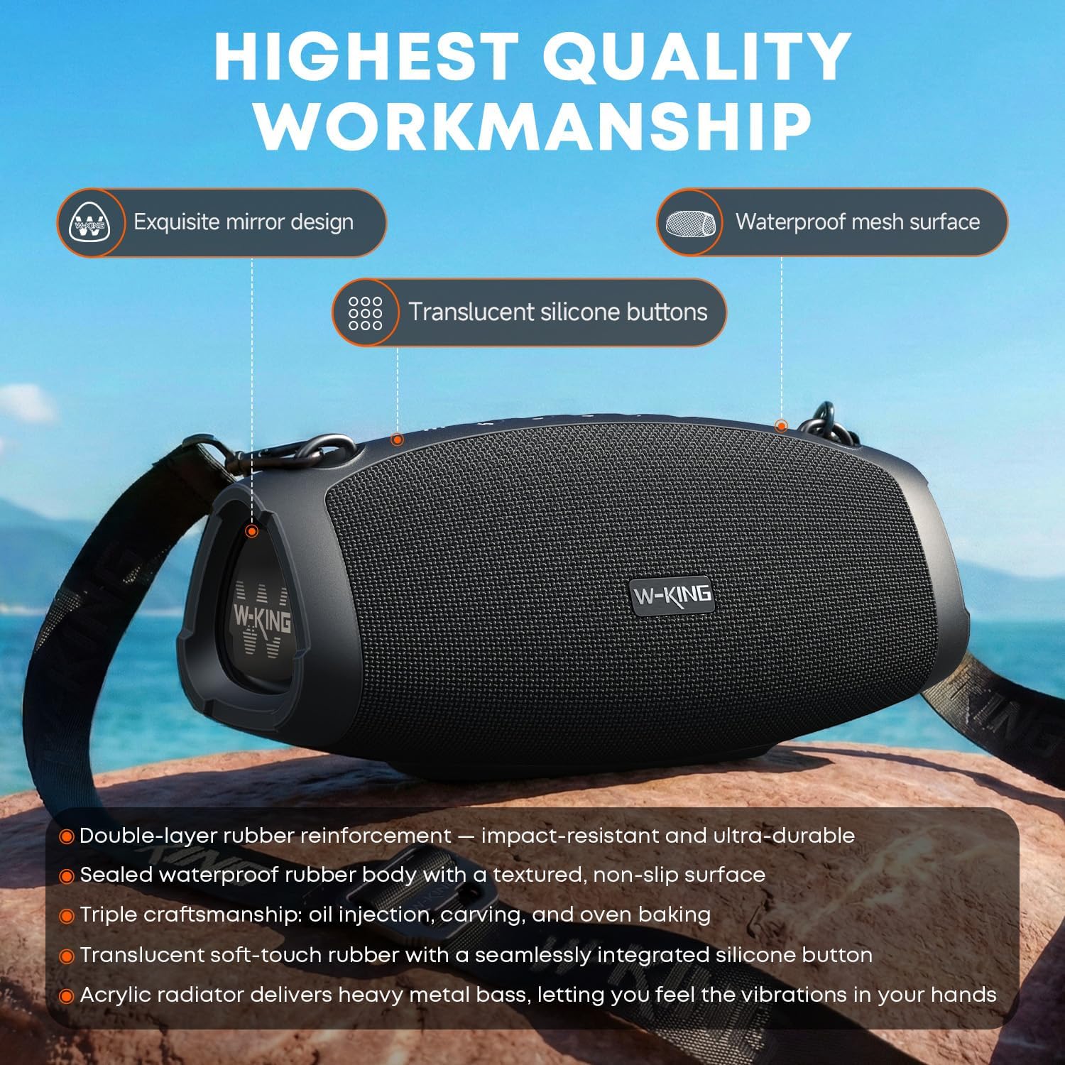W-King Bluetooth Lautsprecher Groß, 120W Peak Musikbox Bluetooth Box Lautsprecher Wasserdicht IPX6 Stereo Outdoor Party Boom Box, DREI Passive Radiatorens-Super Bass/DSP/2 Woofer/42H/TF/AUX/EQ/Öffner