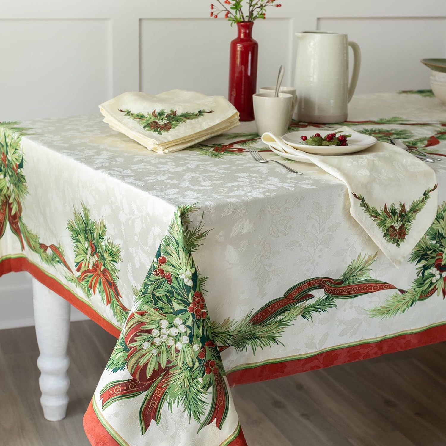 Benson Mills Christmas Ribbons Engineered Printed Fabric Table Cloth, Winter, Holiday and Christmas Tablecloth (60" X 84" Rectangular, Xmas Ribbons)