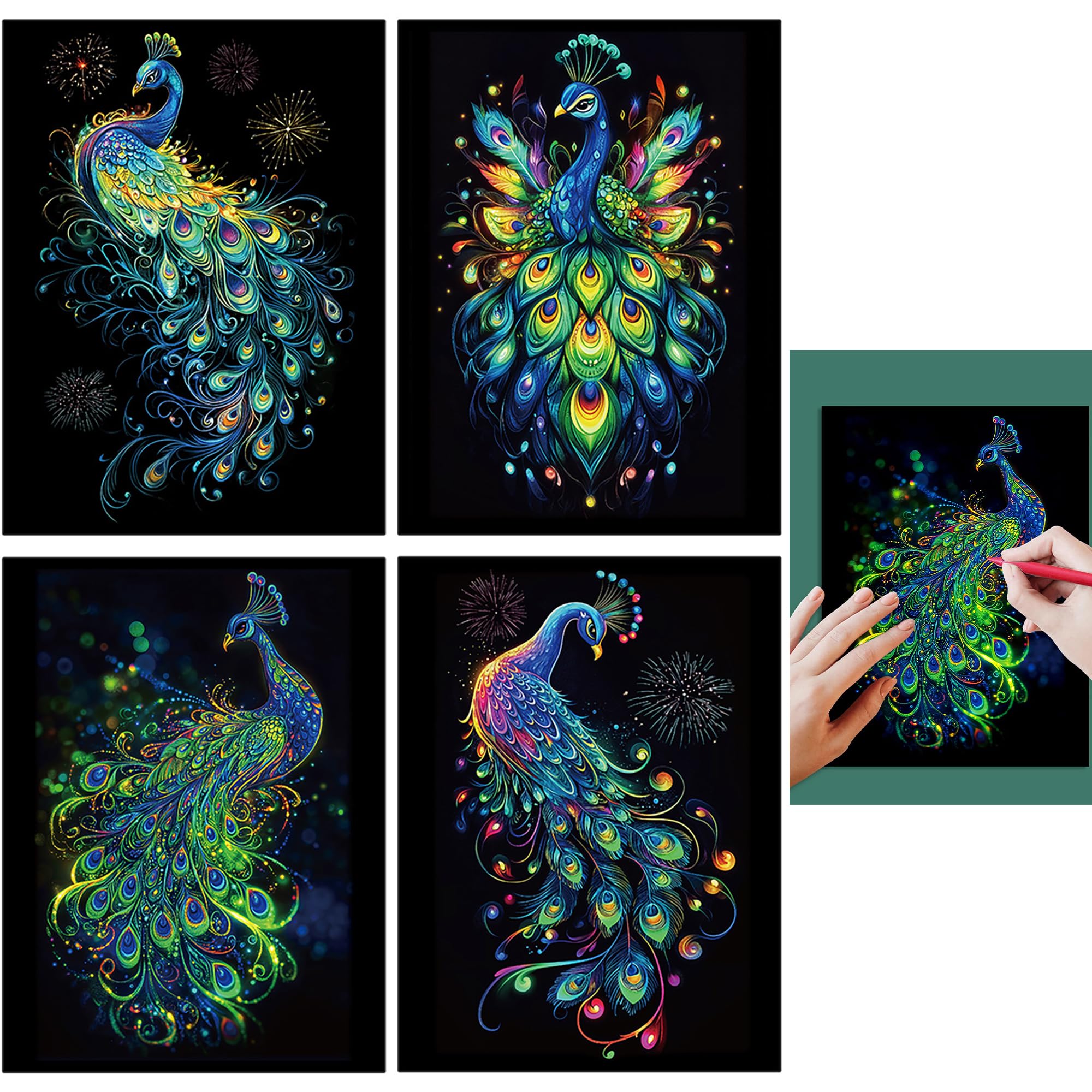 Peintures Carte à Gratter Scratch Painting Peacock Series 4 Feuilles 28,5x21 cm Papier Couché Couleur Glow in the Dark Avec Stylos Pour Adultes Enfants