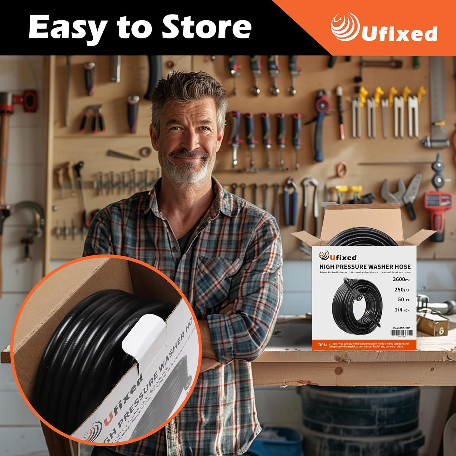 1/4 Pressure Washer Hose 25FT 3600 PSI with M22 14MM Solid Brass Fitting, Non Marking High Pressure Replacement Hose Light Weight Water Hose Black