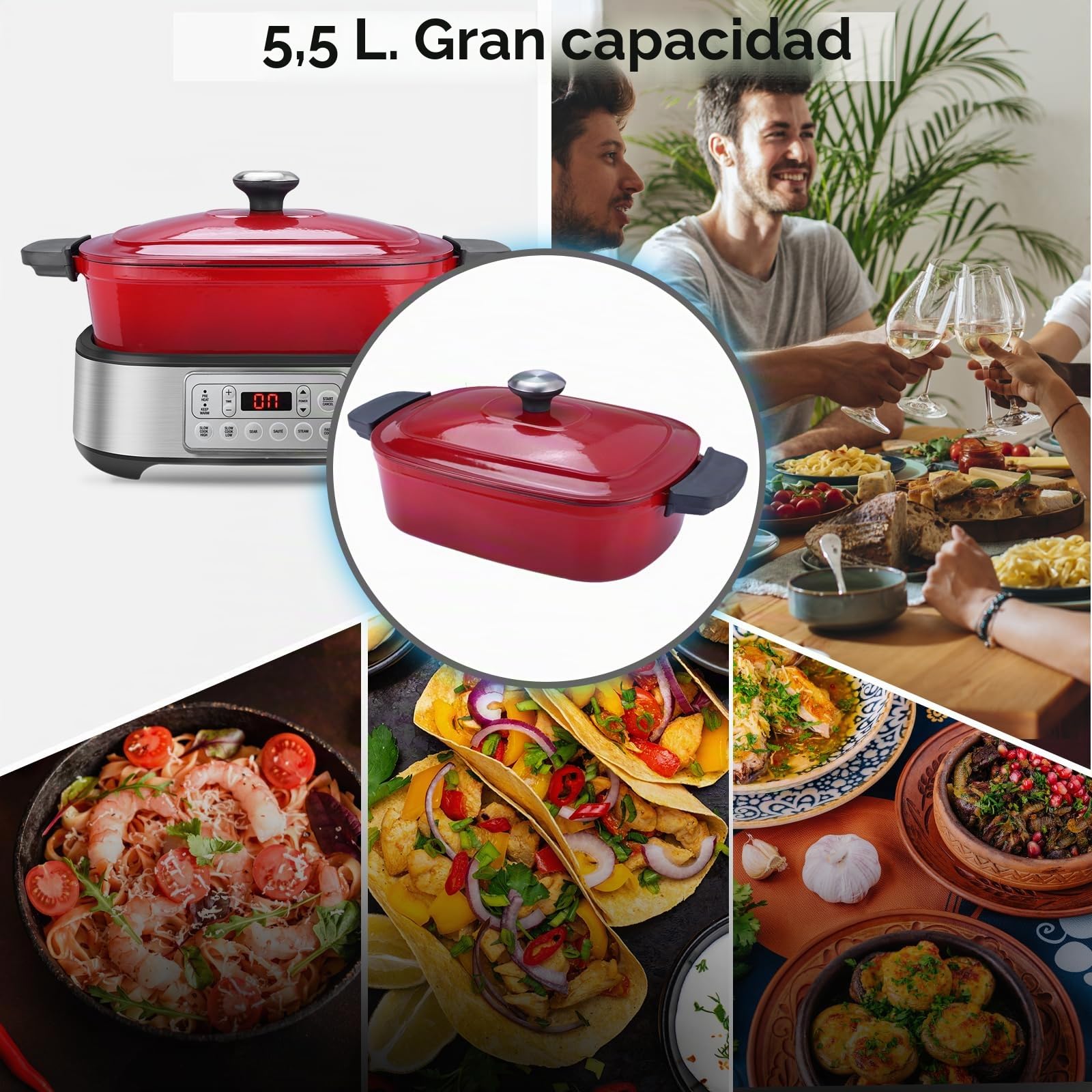 Homtone Cacerola 6 en 1 Slow Cooker 5,5L Programable Esmaltada Extraíble Revestimiento Cerámica Cocción Lenta Vapor Rojo