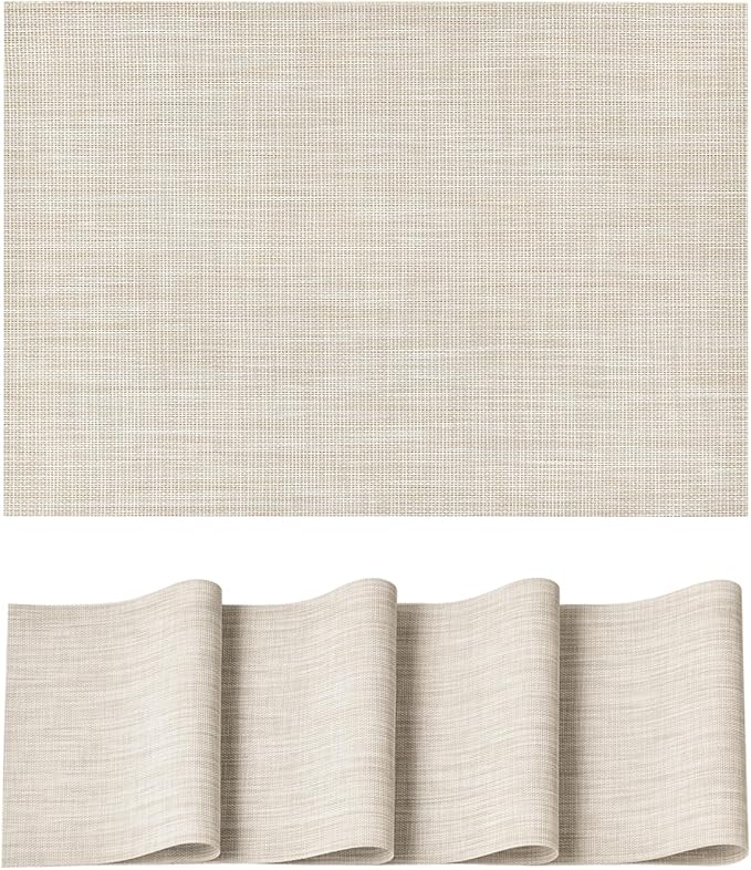 Artoid Mode Beige Vinyl Placemats Set of 4, Washable Heat Resistant Non-Slip Woven Plastic PVC Place Mats for Farmhouse Holiday Party Kitchen Dining Decor