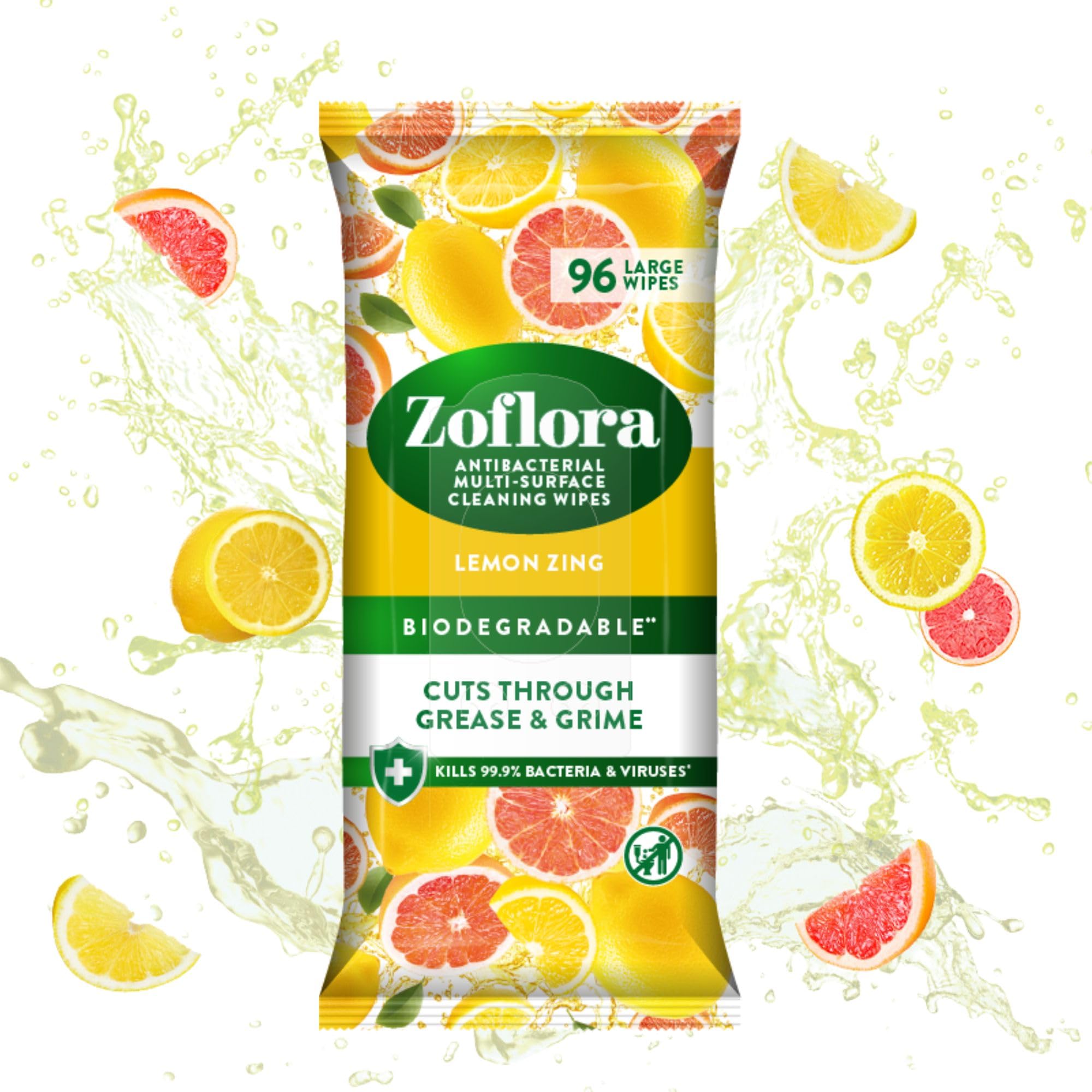 Lemon Zing Antibacterial Biodegradable Wipes, 1 x 96 Wipes, Multi-Surface Cleaning Wipes, Kills 99.9% of Bacteria & Viruses, Citrus Fresh Scent