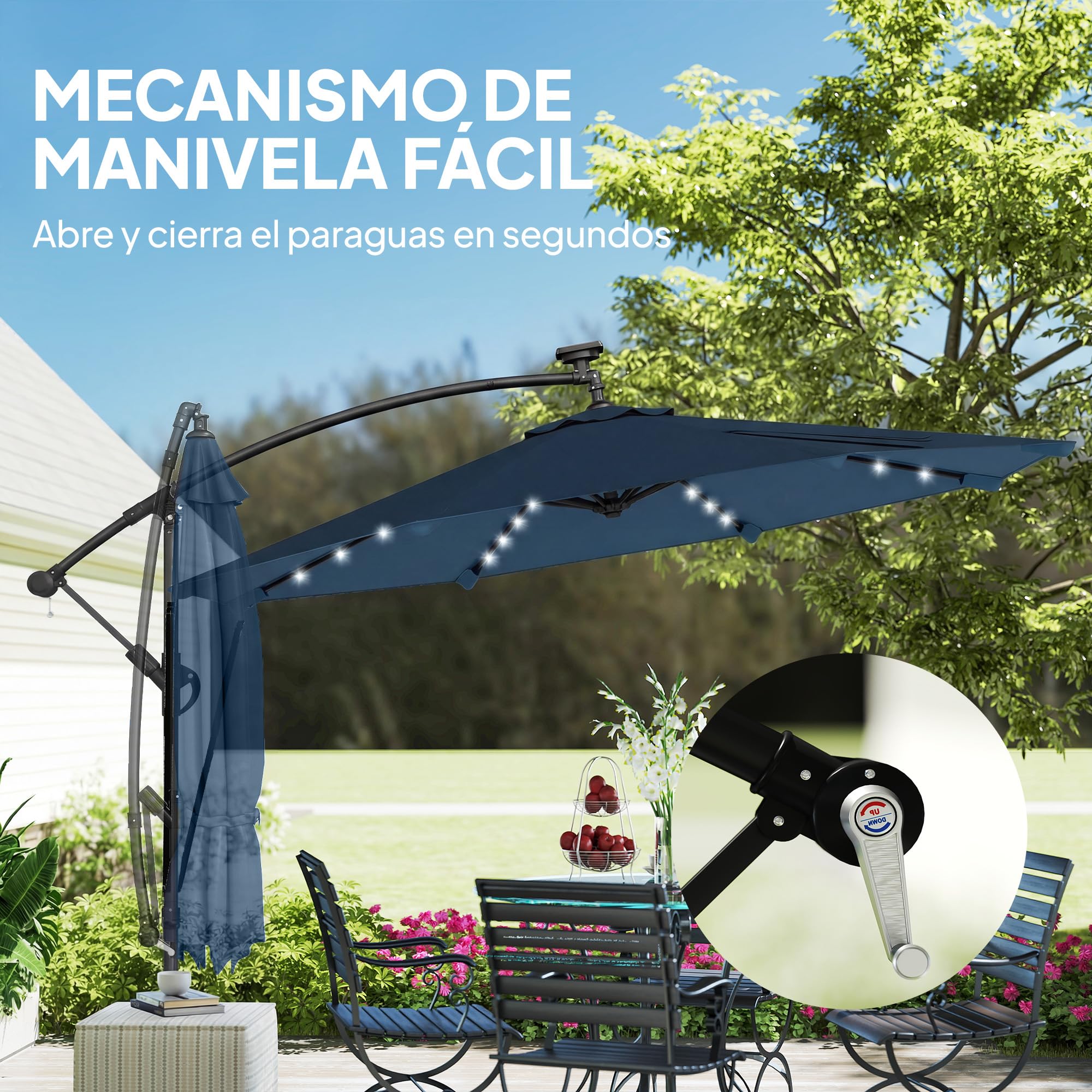 Outsunny Parasol Excéntrico con Luces LED Solares Ø345 cm Azul Marino | Sombrilla de Jardín de Aluminio, Base Cruzada, Manivela, Funda Protectora, Cuerdas de Viento, UPF50+, Terraza Exterior