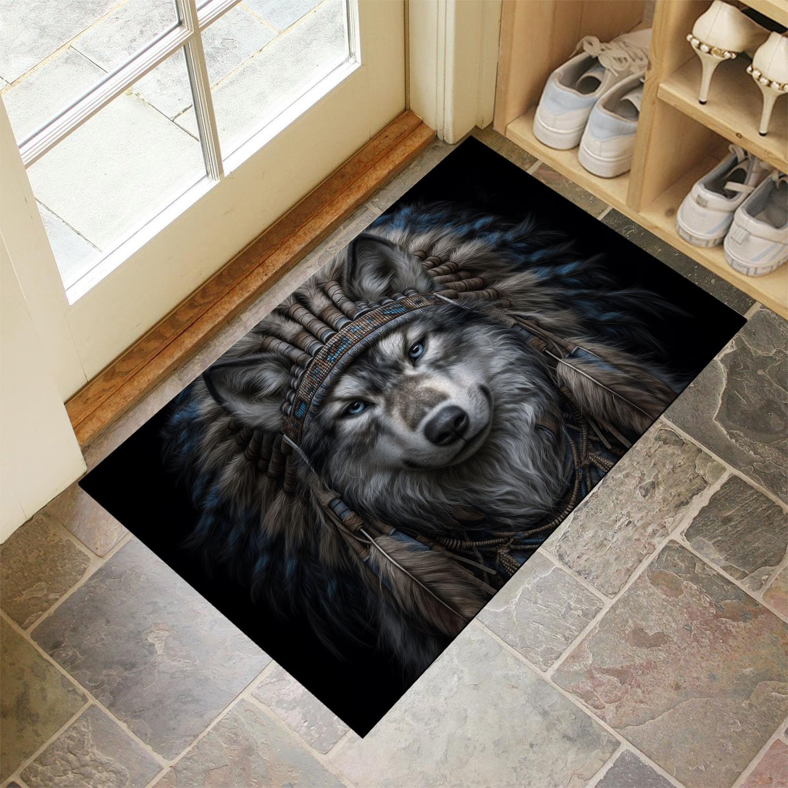 Paillasson Lavable Facile à Nettoyer Grand Tapis Entrée Loup Noir