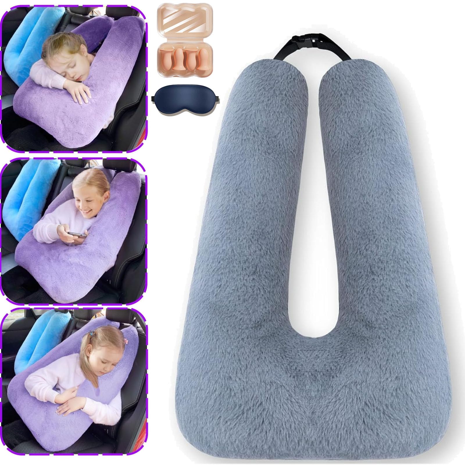 Oreiller de voiture de voyage pour enfants, coussin de voiture pour dormir, soutien de la tête et du corps, oreiller en forme de U pour voyage (gris)