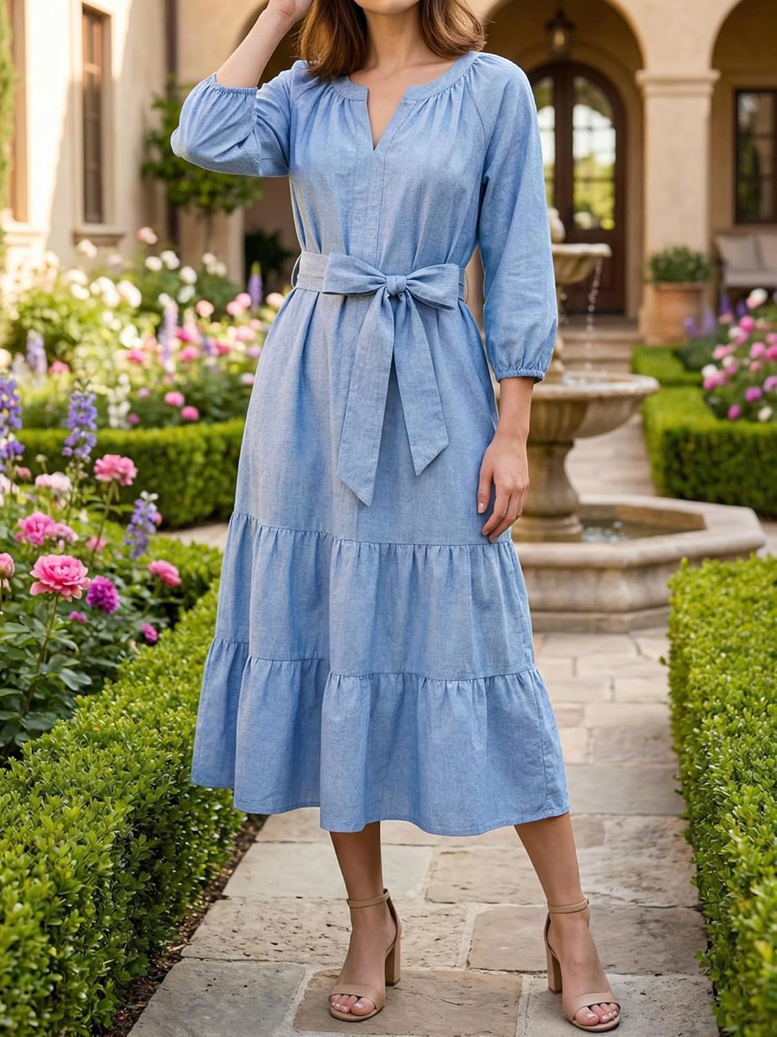 Women's Casual Linen V-Neck Puff Sleeve Belted Tiered Maxi Dress with Pockets - Image 7