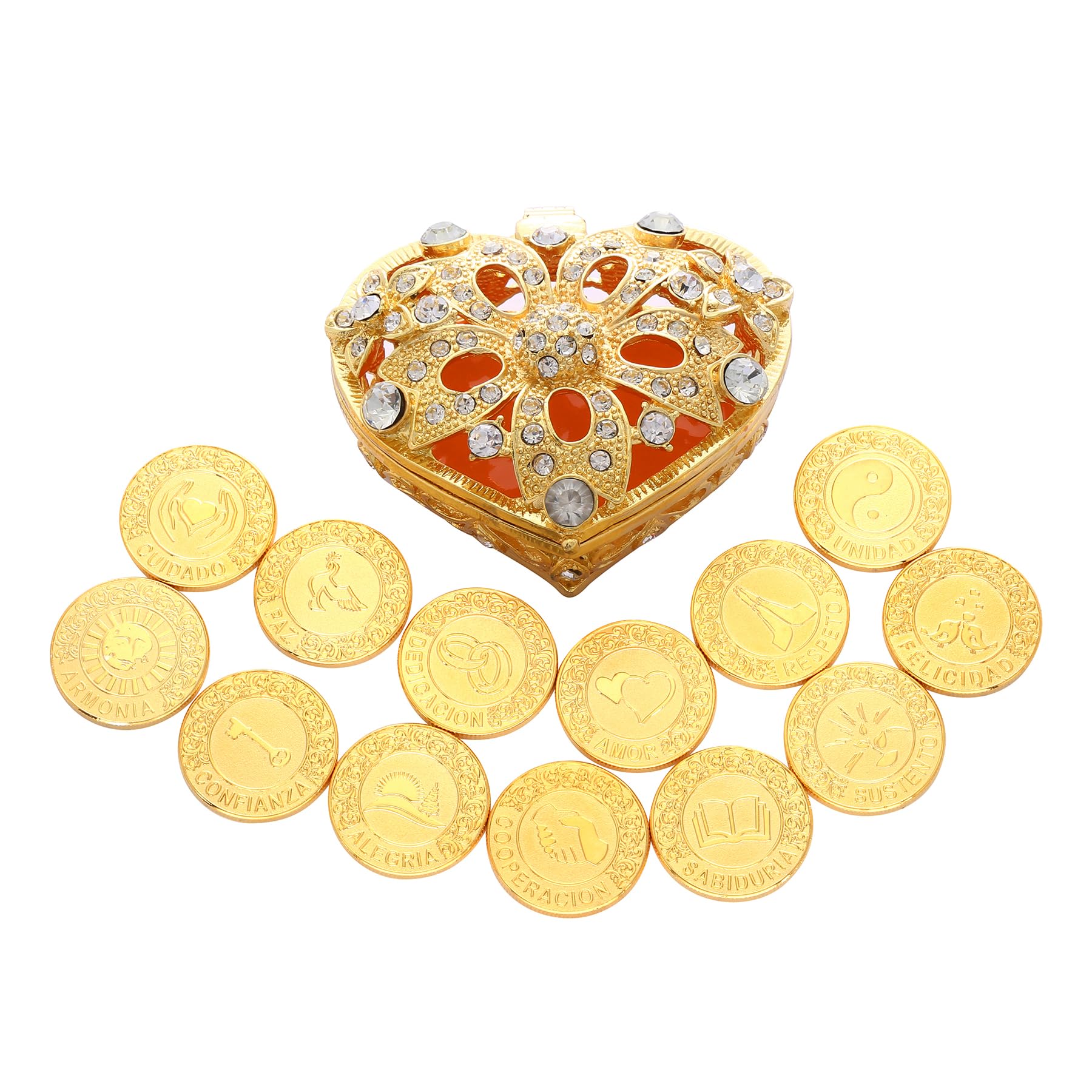 Arras de boda para boda,Monedas de oro españolas de boda, Arras de boda católica, monedas de boda, ideas de ceremonia de unidad con caja de amor de perlas de diamante, recuerdos para boda con caja en