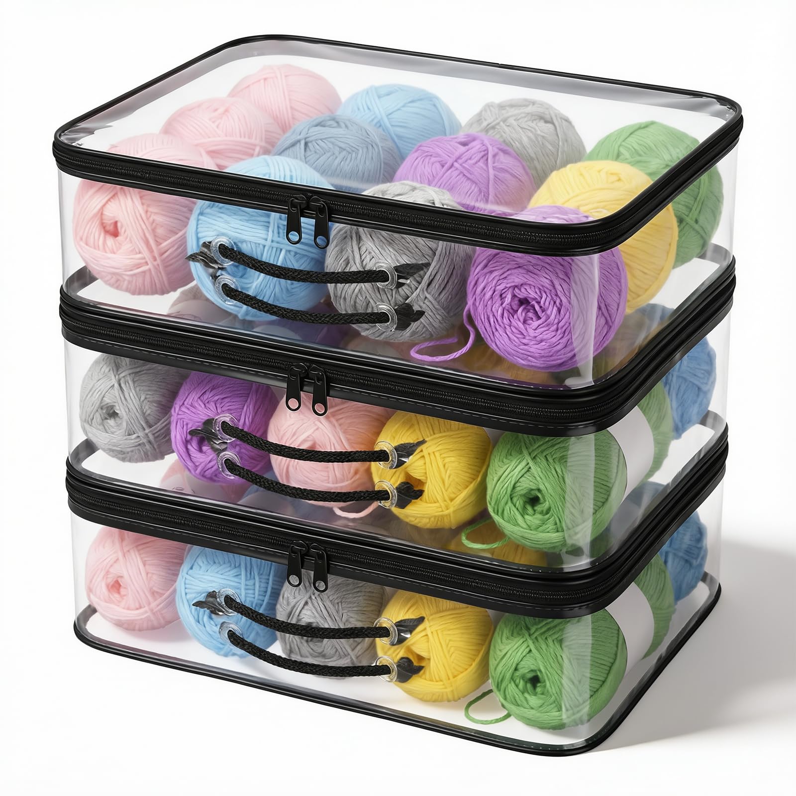 Zocipro 3Pcs Clear Yarn Storage Organiser with Handles–Portable, Dust-Proof Storage Bags with Zips for Knitting & Crochet Wool, Saves Space & Keeps Supplies Tidy