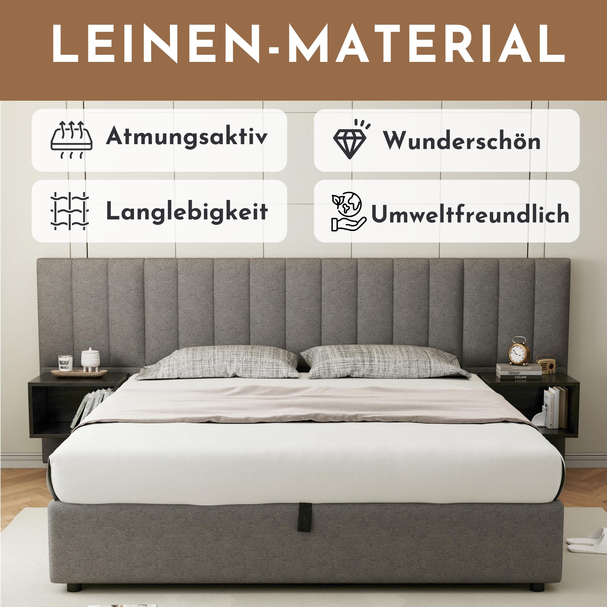 Cama Tapizada 180 x 200 cm con Almacenaje Hidráulico y Dos Mesillas con Cajones, Somier de Láminas de Madera, Cama para Dormitorio de Adultos y Jóvenes, Fácil Montaje, Tela Lino, Gris y Negro