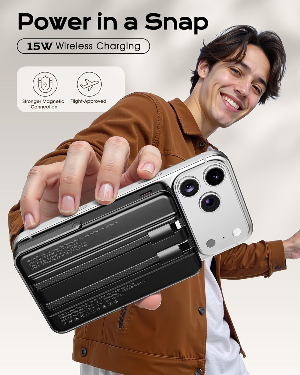 for Magsafe Portable Charger, 10000mAh Magnetic Power Bank with Foldable Stand, PD 22.5W Fast Charging with USB-C Cable, Wireless Portable Charger for iPhone 17/16/15/14/13/12 Series, Black - Image 4