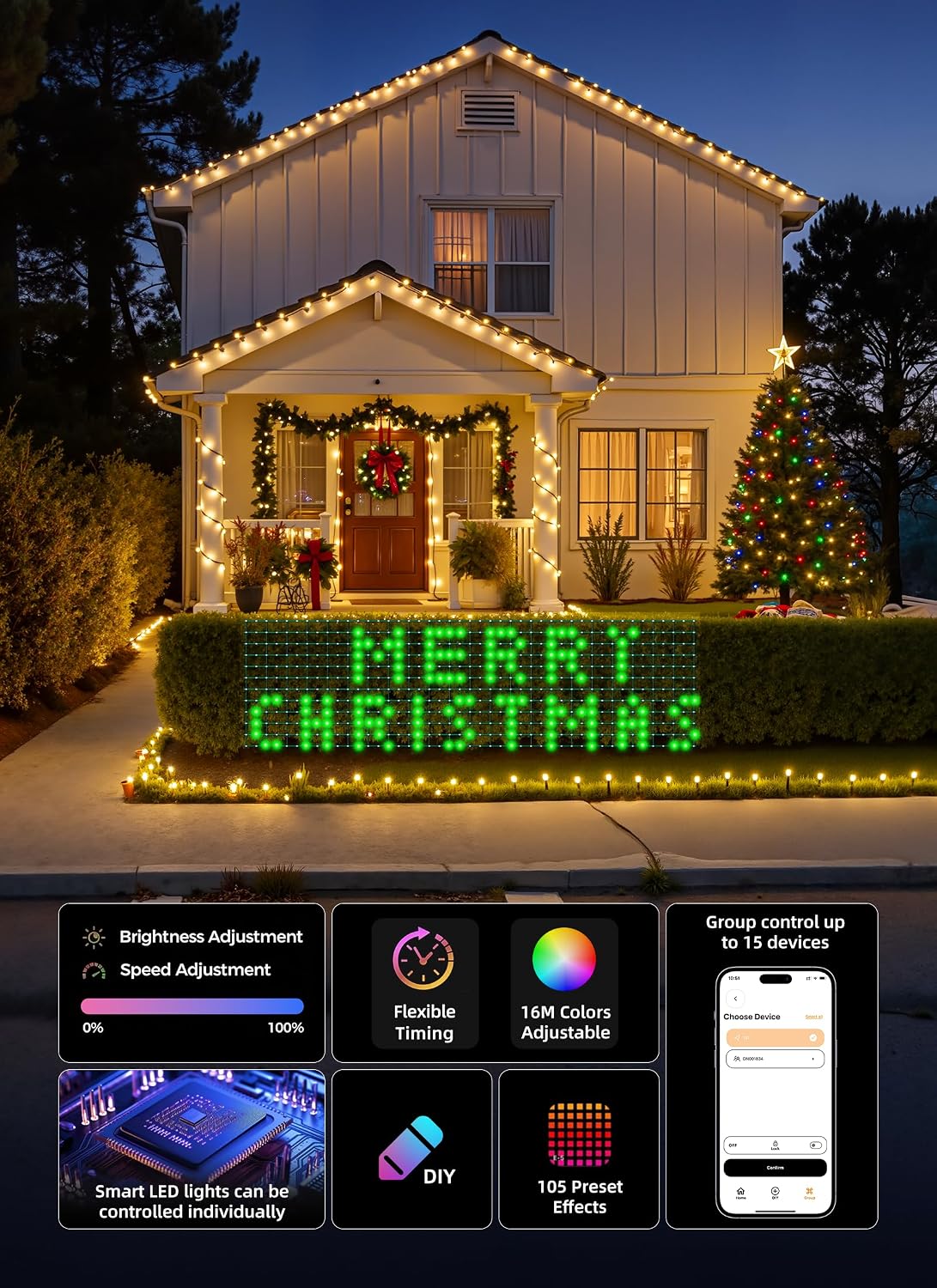 Smart Christmas Net Lights Outdoor 6*3ft 288 LED, with DIY Mode & 56 Preset Patterns Waterproof Timer RGBW Color Changing Bluetooth APP Control Bush Net Christmas Lights Outdoor Mesh Light for Bushes
