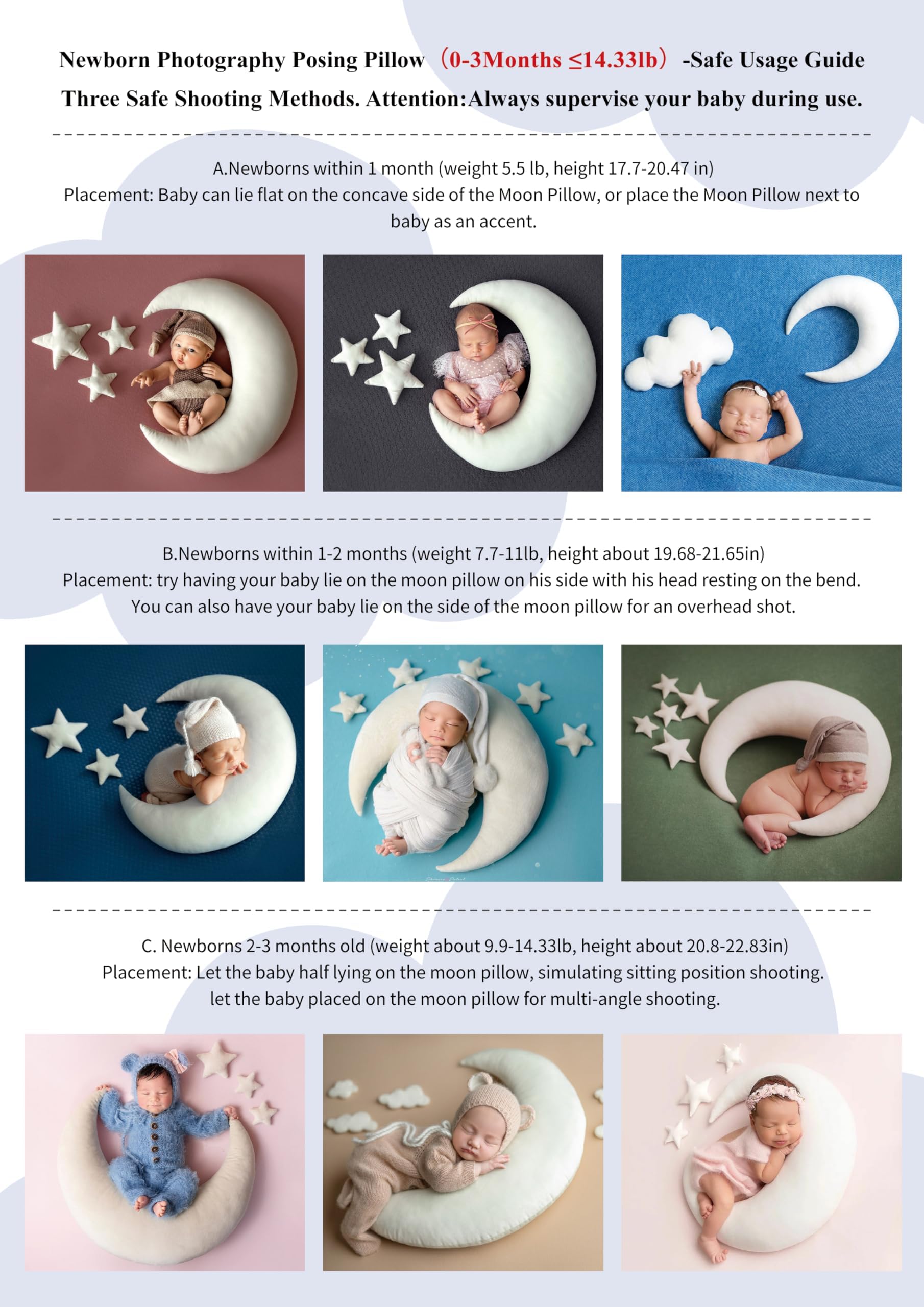 Lot de 4 accessoires de photographie pour nouveau-né - Demi-lune - Coussin et étoiles - Accessoires de photographie pour bébé - Accessoires de studio