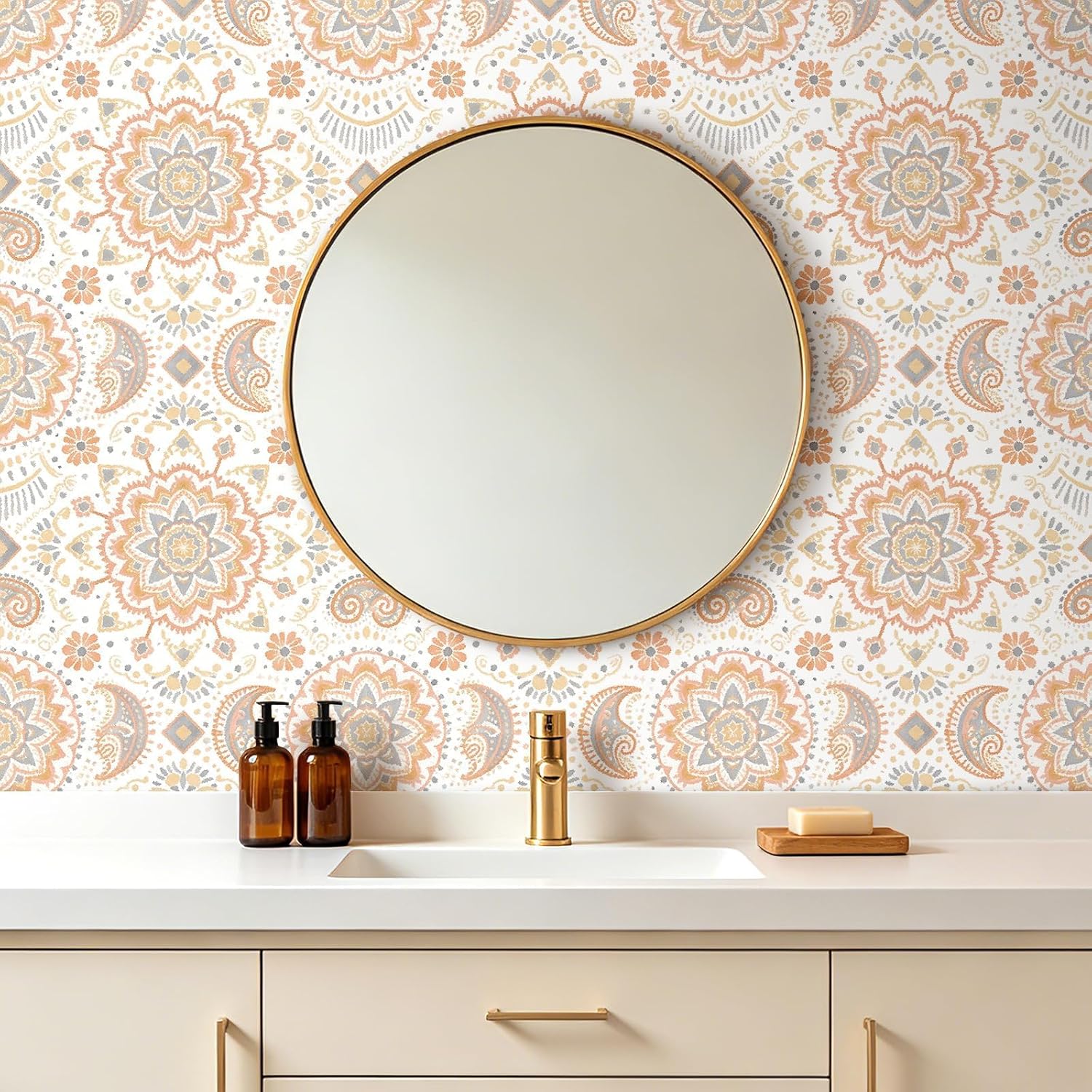 Decotalk Cream Bohemian Wallpaper Peel and Stick - Modern Farmhouse Wallpaper for Bathroom Bedroom 17.5x120 Inch Mandala-Style Cream Wall Paper Self Adhesive Boho Contact Paper Modern