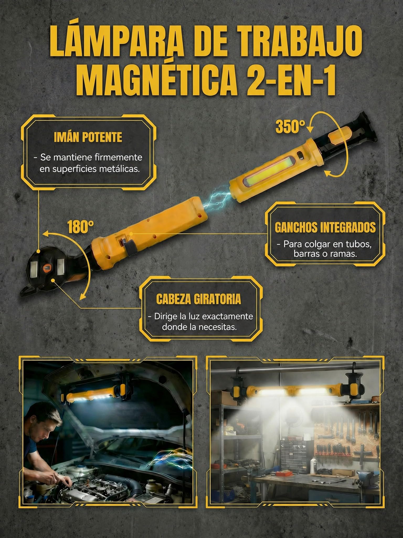 3000LM Linterna Taller Mecánico, 5200mAh Lámpara de Trabajo 2 en 1 Separable con Powerbank, Imán y Gancho, IP54 Luz SOS para Reparación de Coche (Amarillo brillante)