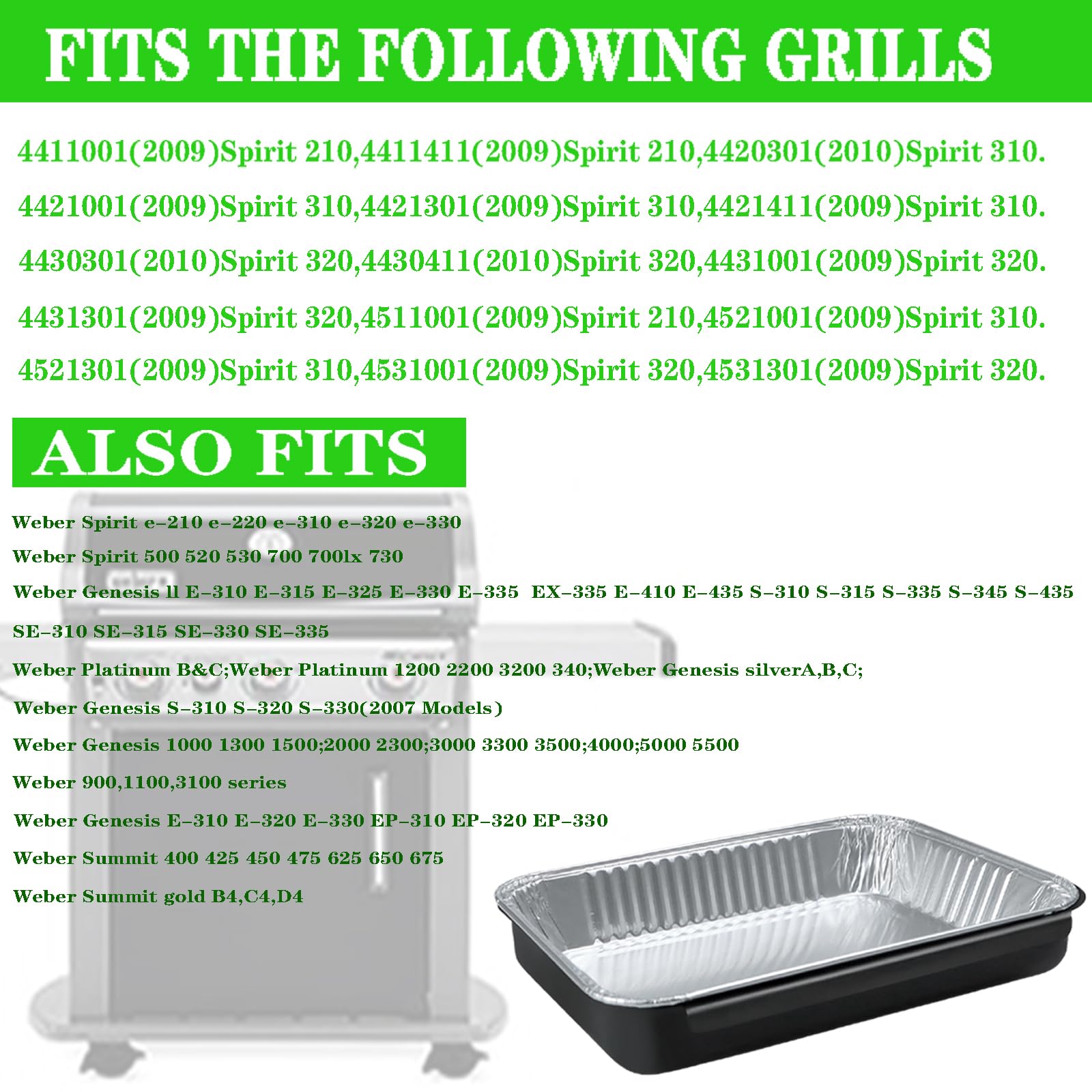 GARNETIN Bandeja de captura de grasa para parrillas Weber Spirit y Genesis II con forros | Compatible con E-210, E-220, E-310, E-315, E-320, E-325, E-330 y E-335. Incluye revestimientos de goteo desechables