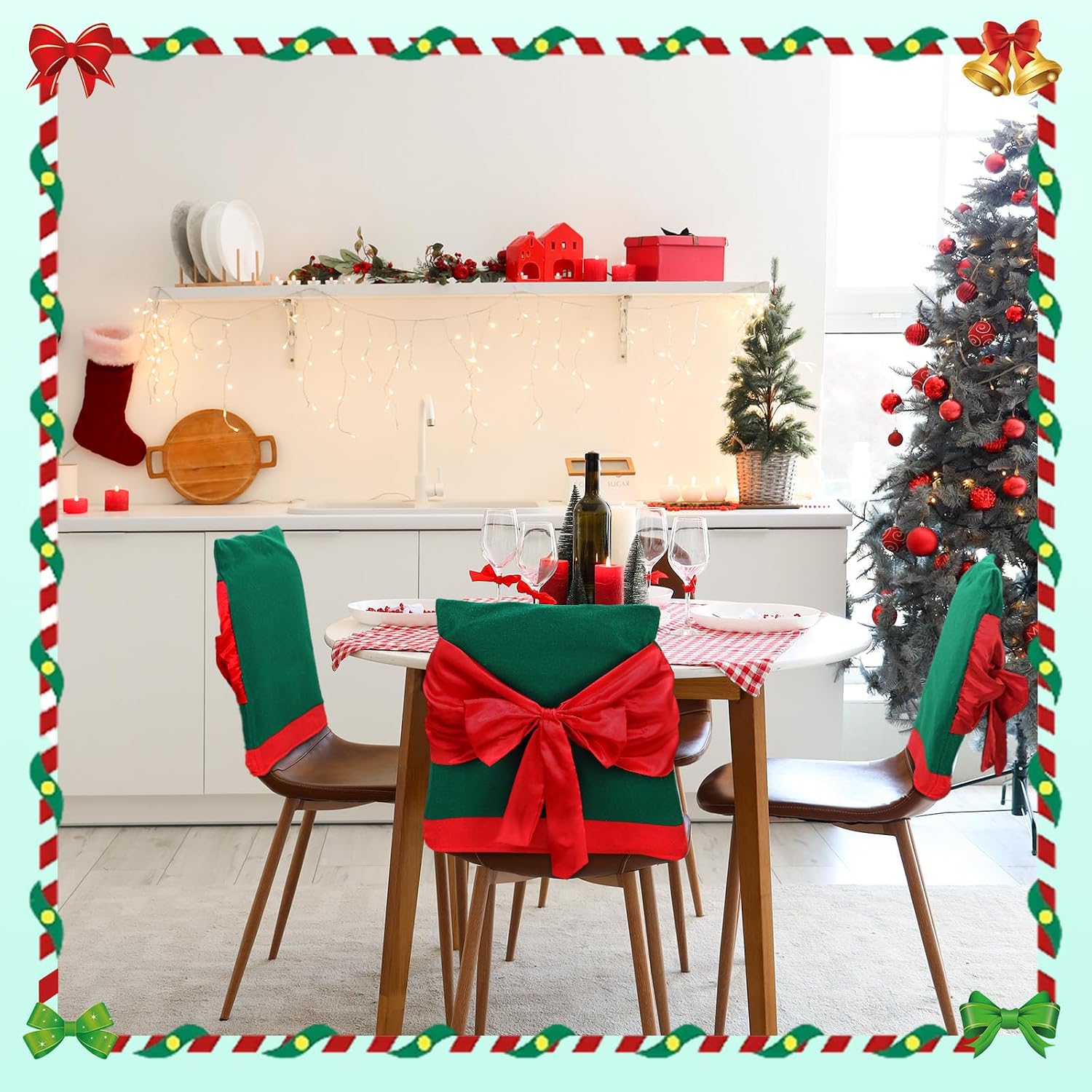 Vesici 4 Pcs Christmas Chair Back Covers Red Green Bows Dining Chair Slipcovers 3D Removable Washable Christmas Decoration Slipcovers Set for Xmas Holiday Kitchen Dining Room Home Office Decorations
