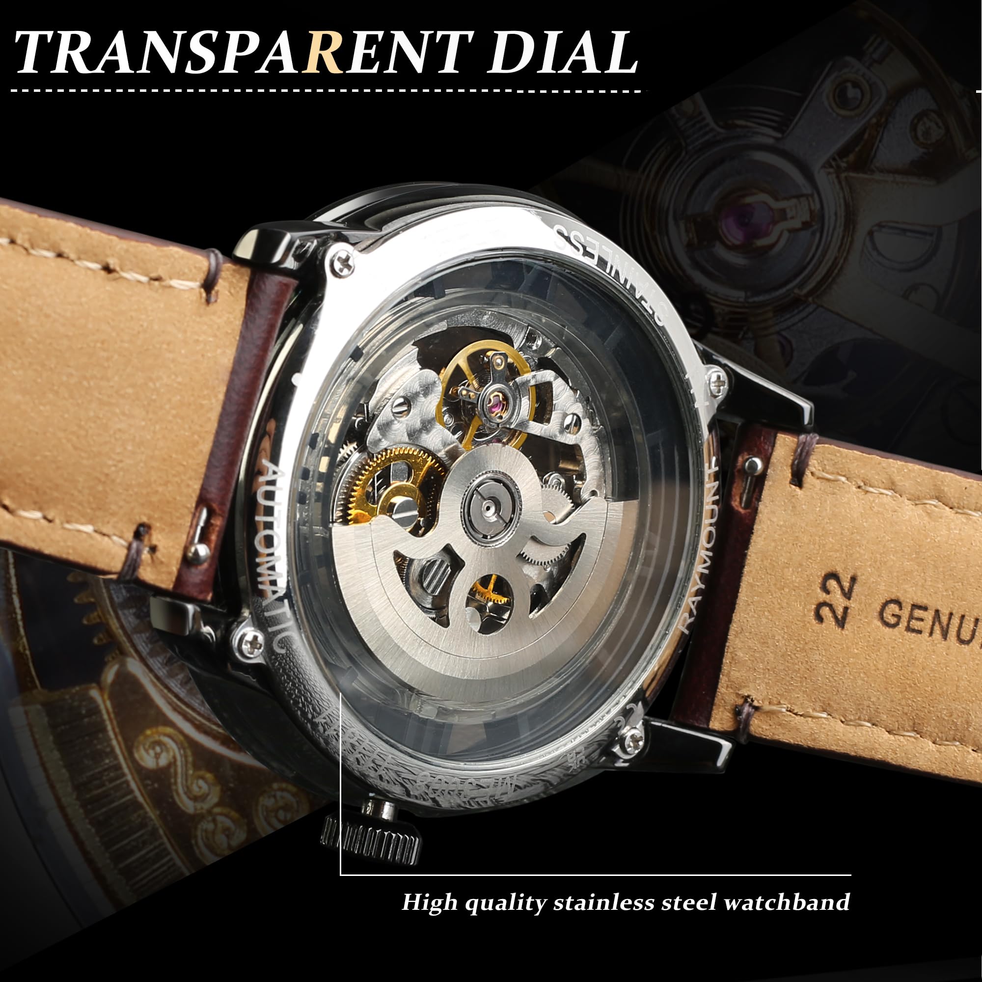 FORSINING Automatik Uhr Herren, Herrenuhr Automatik, Skelett Zifferblatt und Lederband Doppelseite Hollow Out Watch for Men