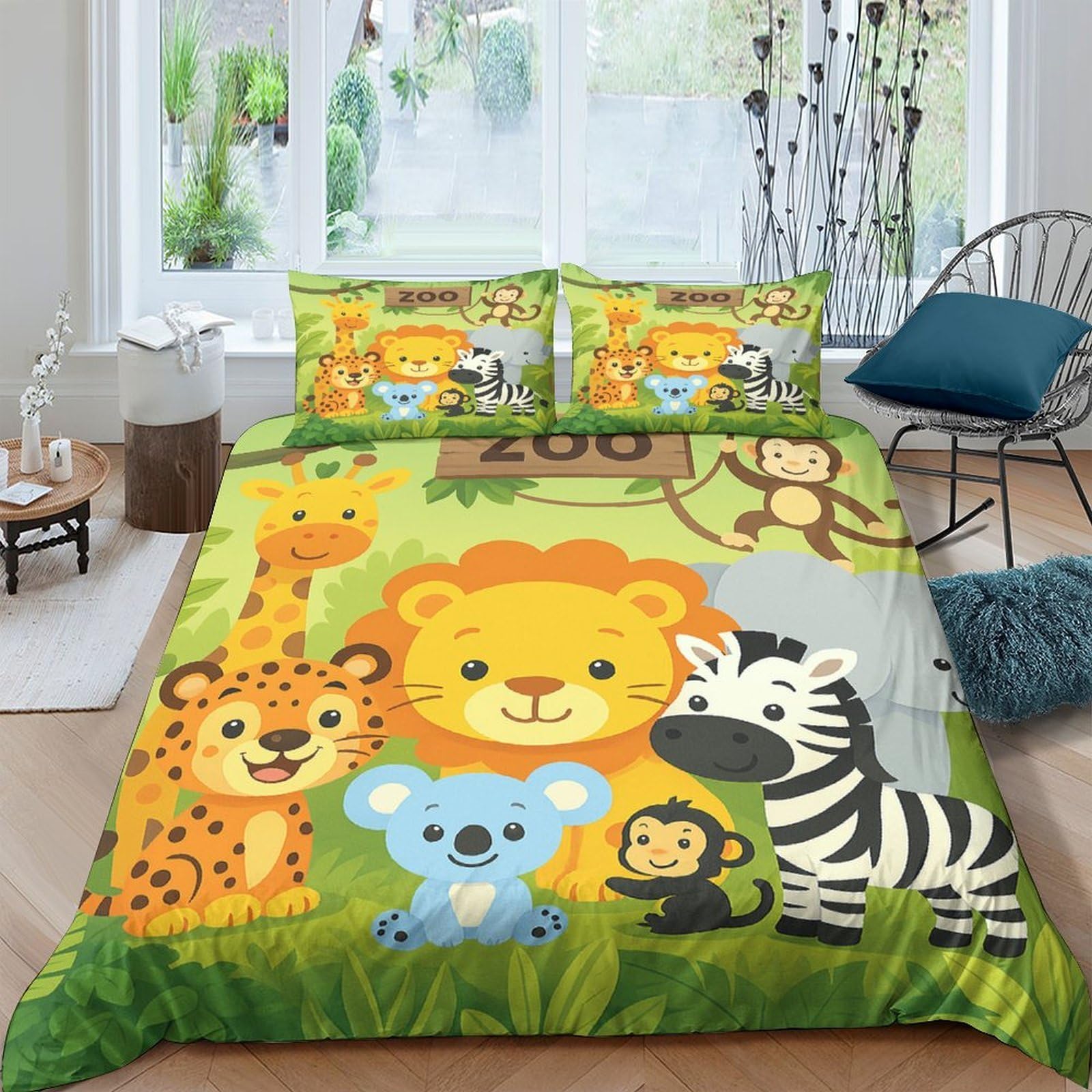 GPLZQXKJNH 3D Printed Jungle Animals Duvet Cover Microfiber Soft Breathable Safari Zoo Bedding Set with 2 Pillowcases for Bedroom Decor Single（135x200cm）