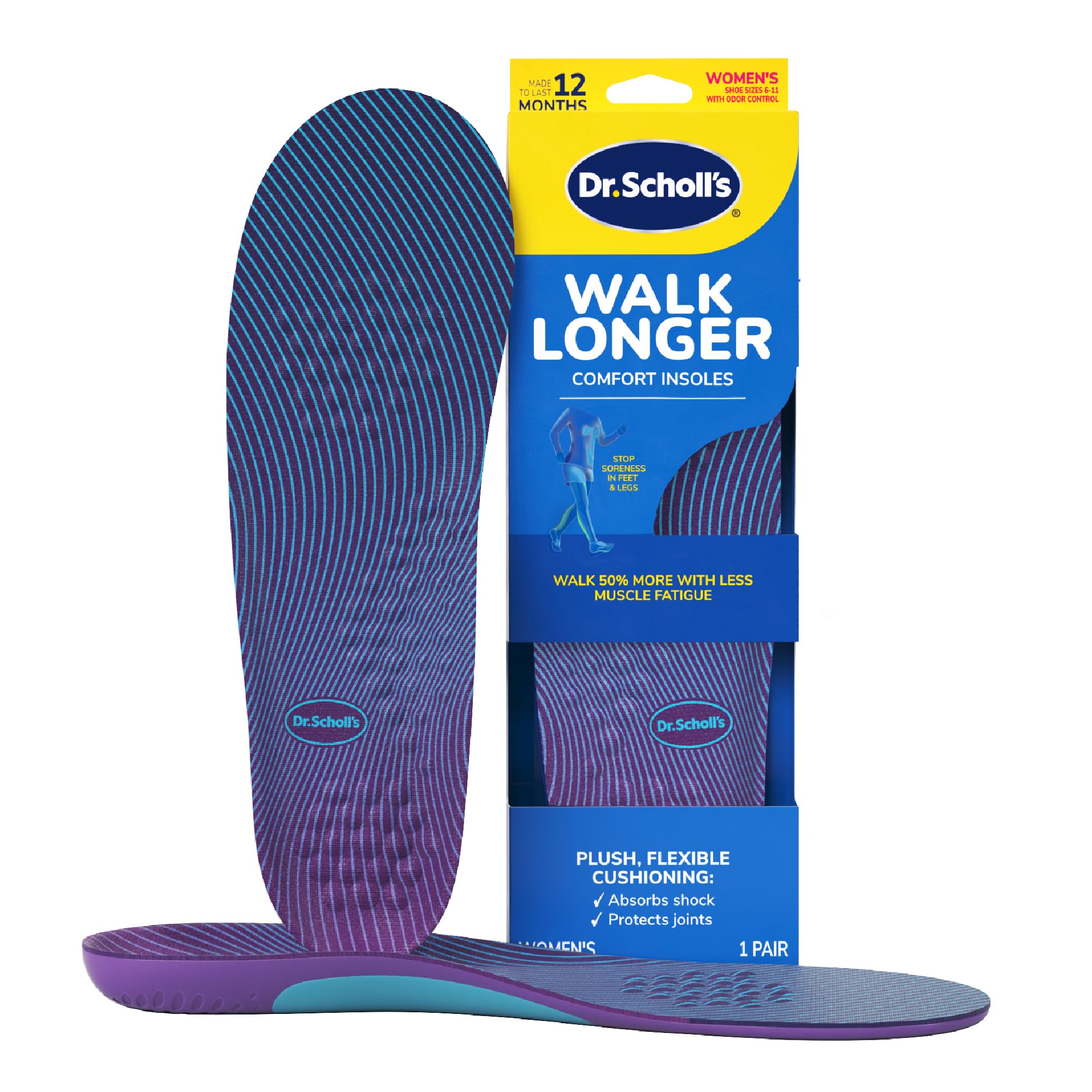 Walk Longer Insoles - Comfortable Plush Foam Cushioning Inserts for Walking, Hiking, and Standing on Feet All-Day with Arch Support - Walk 50% Longer Without Muscle Fatigue