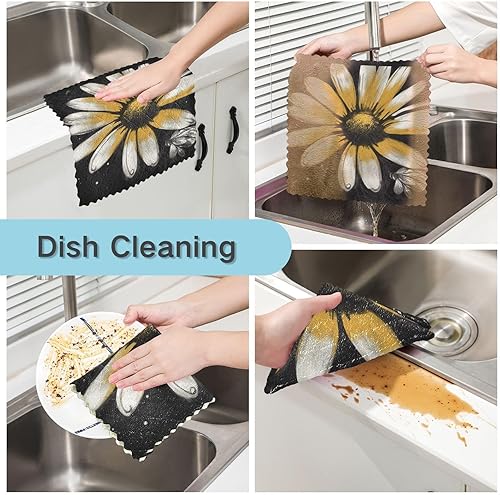 Miniatura 2 de Yellow and White Daisies on Black Background Microfiber Kitchen Dish Towels Valentine Tea Towel Set Absorbent Cloth Kitchen Hand Towels Pattern