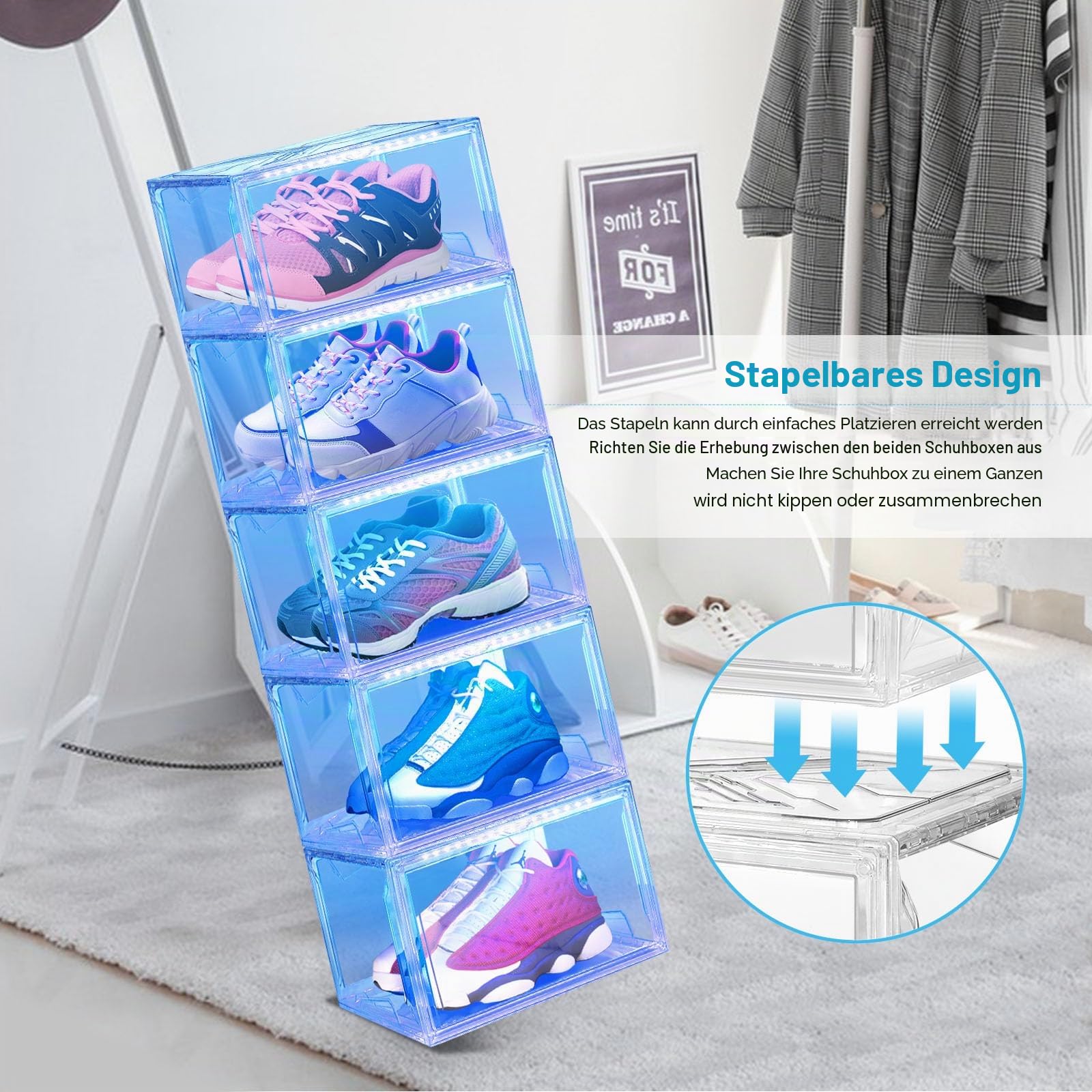 Oltraman LED Schuhboxen Stapelbar, 2er Set, Schuh-Organizer aus Kunststoff, Schuhaufbewahrung Platzsparend, Musik Sound-aktiviert und Fernbedienung, Transparent