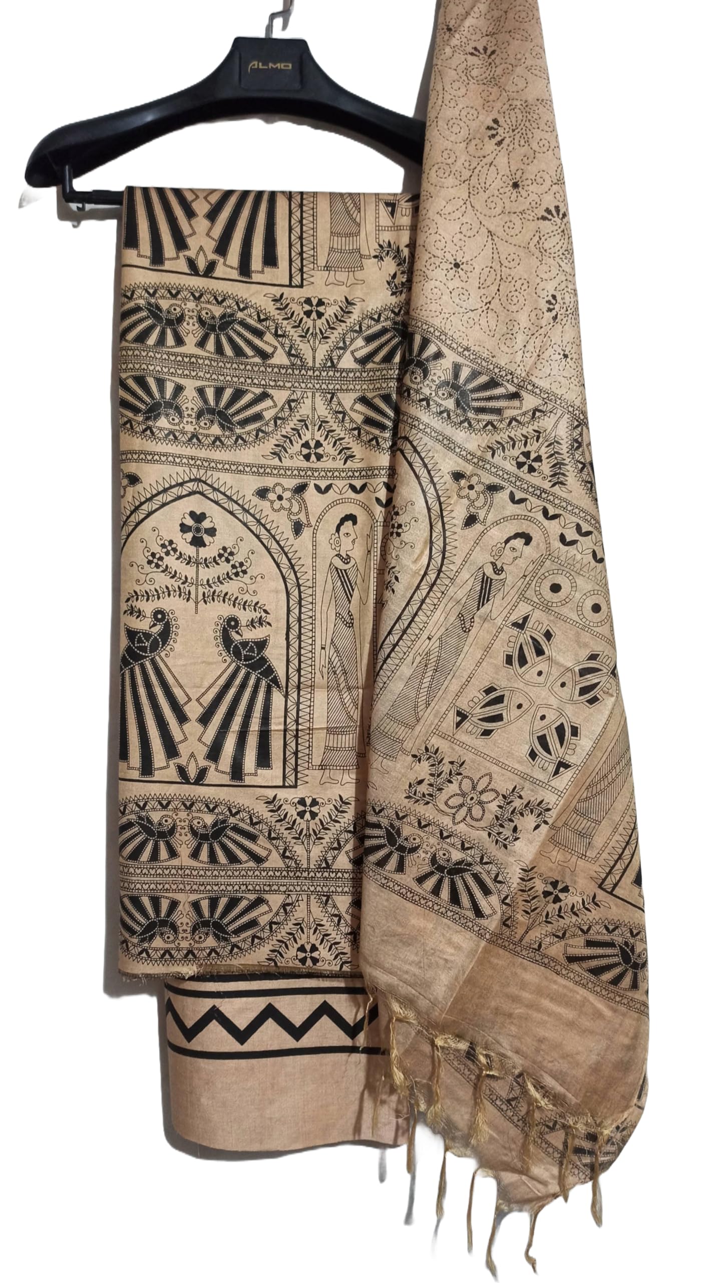 Suit Set for Women with Dupatta | Handloom Semi Tussar Pure Silk Printed Unstitched Salwar With Suit Dress (Black)-image-0