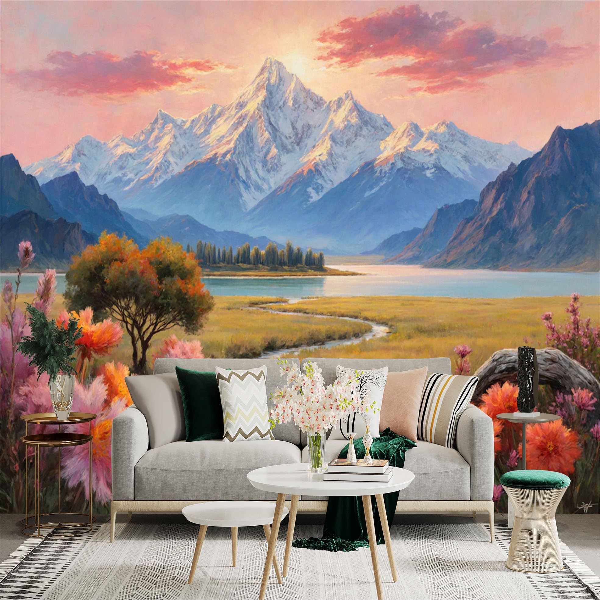 Custom Size Wall Sticker Mural， Snowy Mountains with Lake River and Colorful Wildflowers Landscape， for wall Decoration， peelandstick wall Decals.