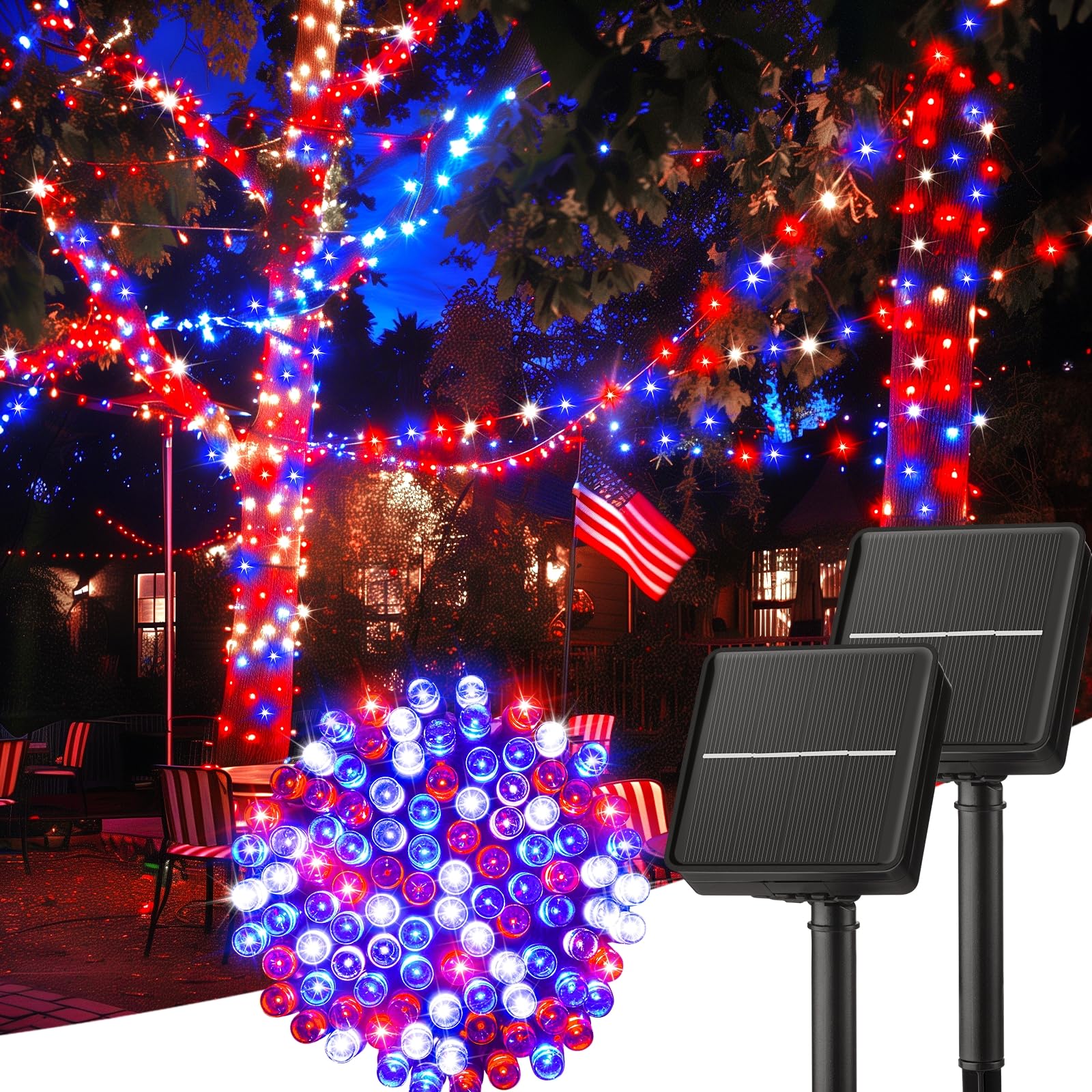 Minetom Red White Blue Lights, 2Pack Total 200 LED 80FT 4th of July Patriotic Lights 8 Modes, Waterproof Solar String Lights Outdoor,Solar String Lights for Outside Independence Day Memorial Day Decor