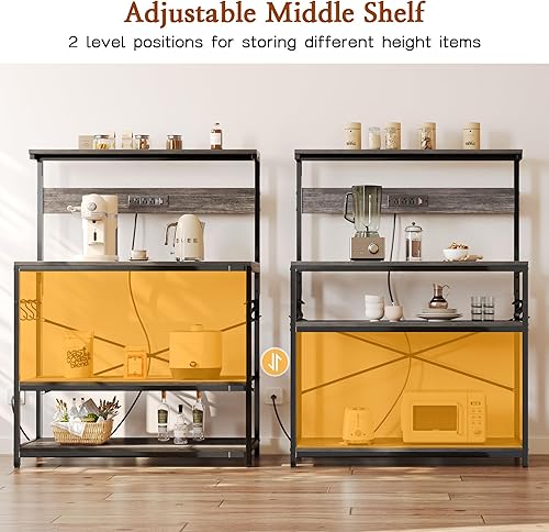 Miniatura 113 de SUPERJARE - Estante de cocina con toma de corriente de 4 niveles, soporte de microondas de cocina con 6 ganchos en forma de S, estante de Marrón