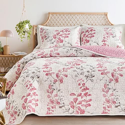 FlySheep Juego de edredón floral tamaño matrimonialqueen, 3 piezas reversibles de flores rosas y hojas verdes blancas botánicas de verano, colcha