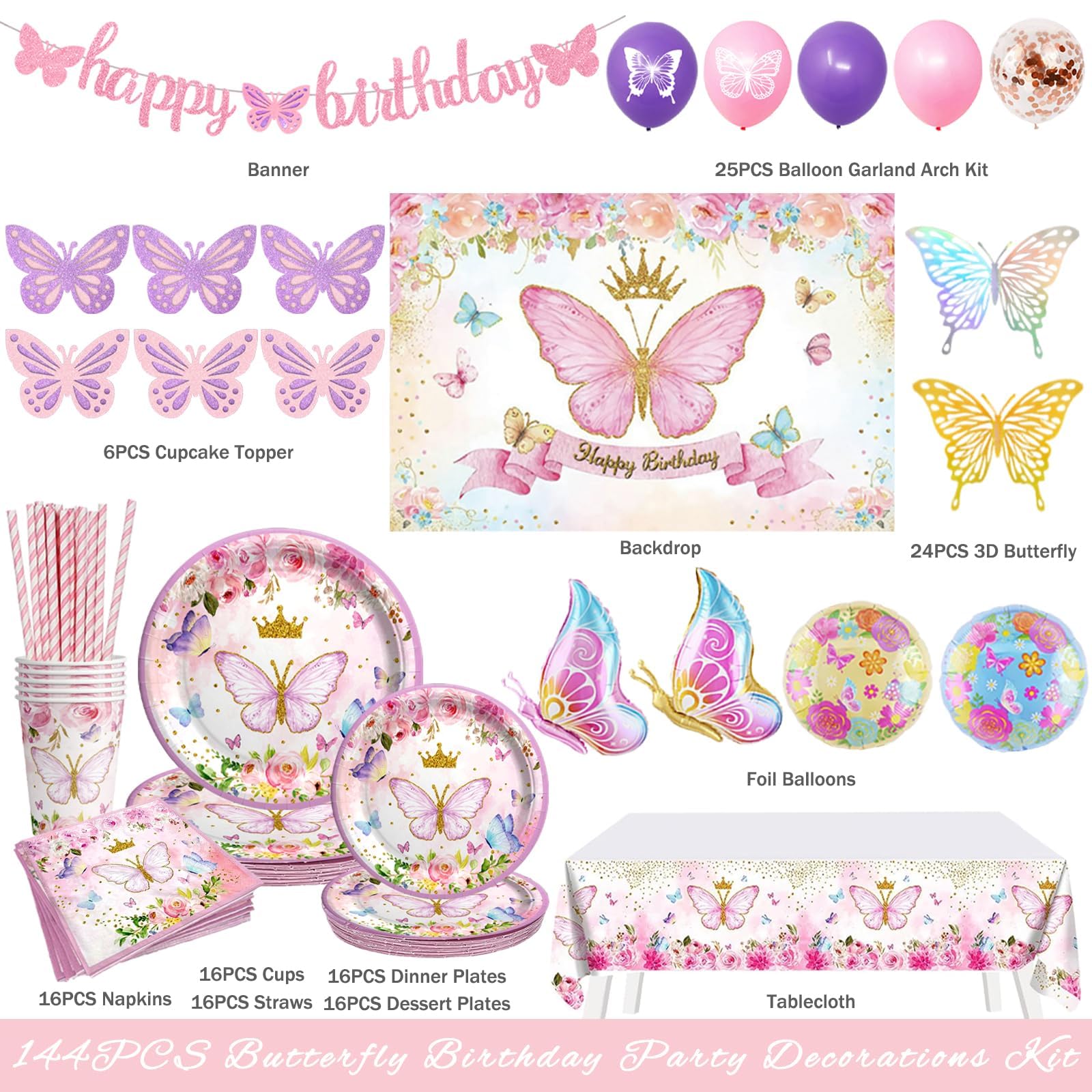 Fiesec Butterfly Birthday Decorations, Pink Purple Butterfly Party Supplies, 142PCs Flower Themed Party Decor Tableware Set with Backdrop Balloon Glitter Banner Tablecloth Plates Napkins Cups Straws