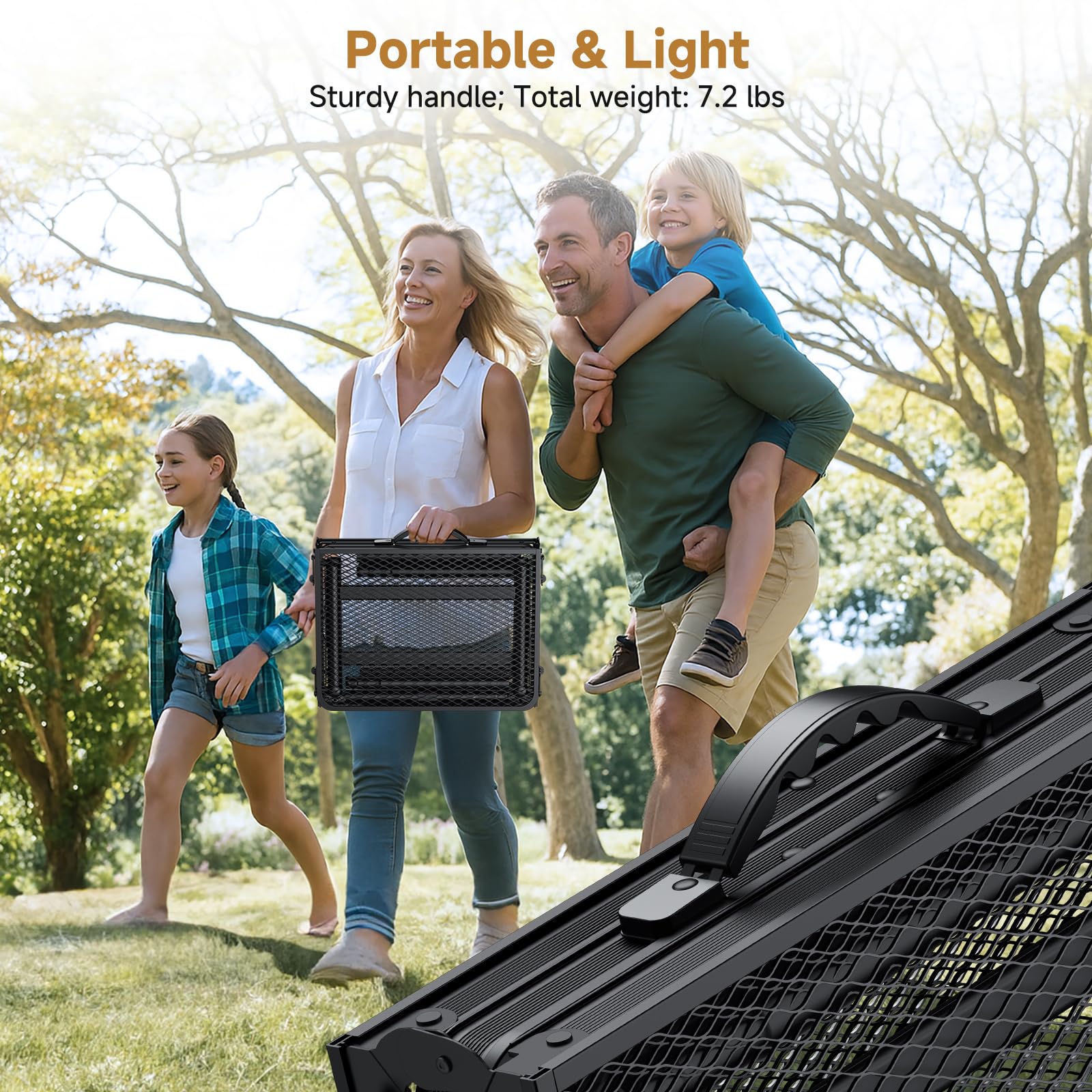 Tavolo da Campeggio Pieghevole, 86,9x39,9 cm, 3 Altezze | Piano in rete di alluminio nero a 3 pieghe, maniglia integrata, altezza max 69,9 cm, per picnic, giardino e patio