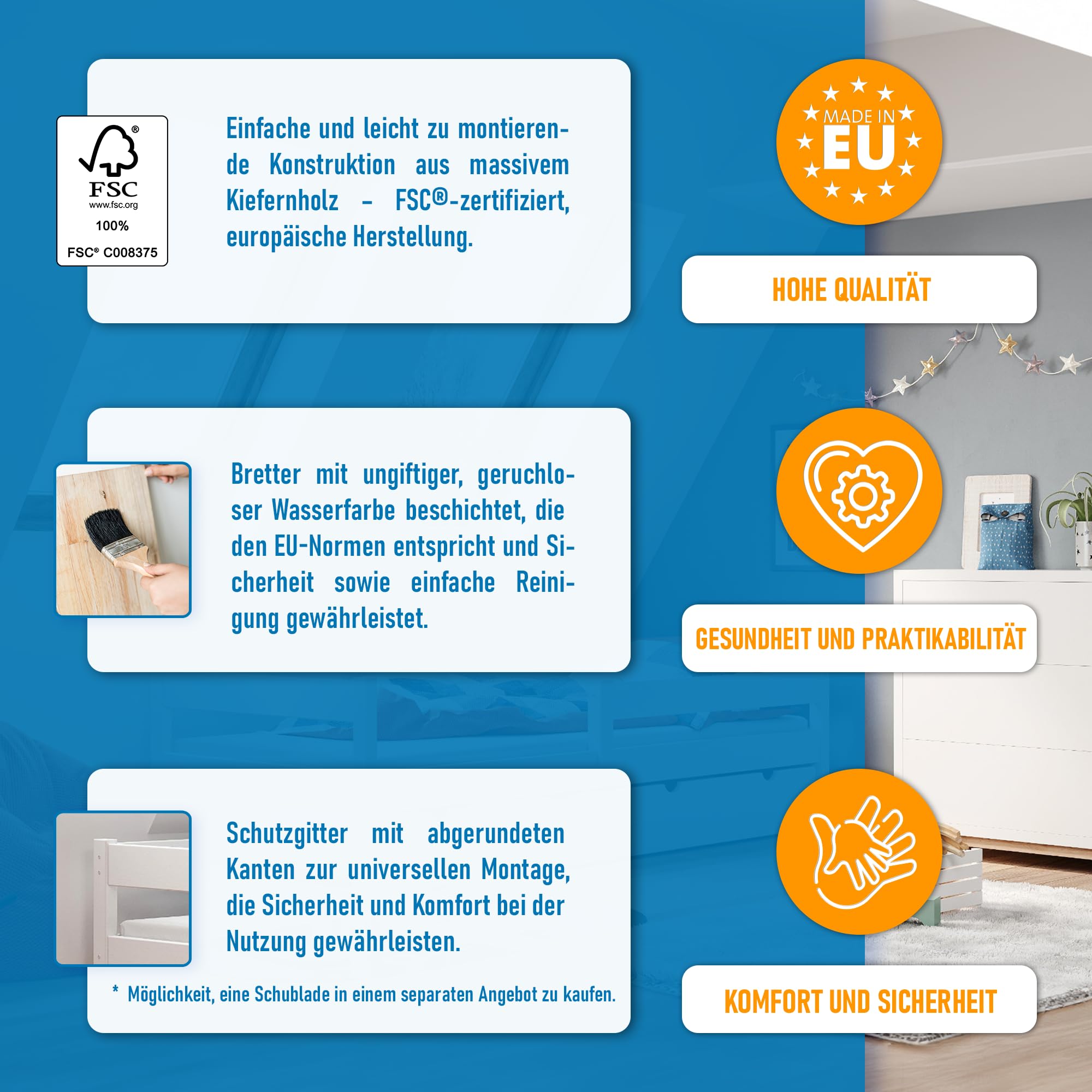 Kinderbett 90x200 cm mit Rausfallschutz & Lattenrost in Weiß, Einzelbett aus Kiefernholz für Kinder Mädchen Jungen Bett