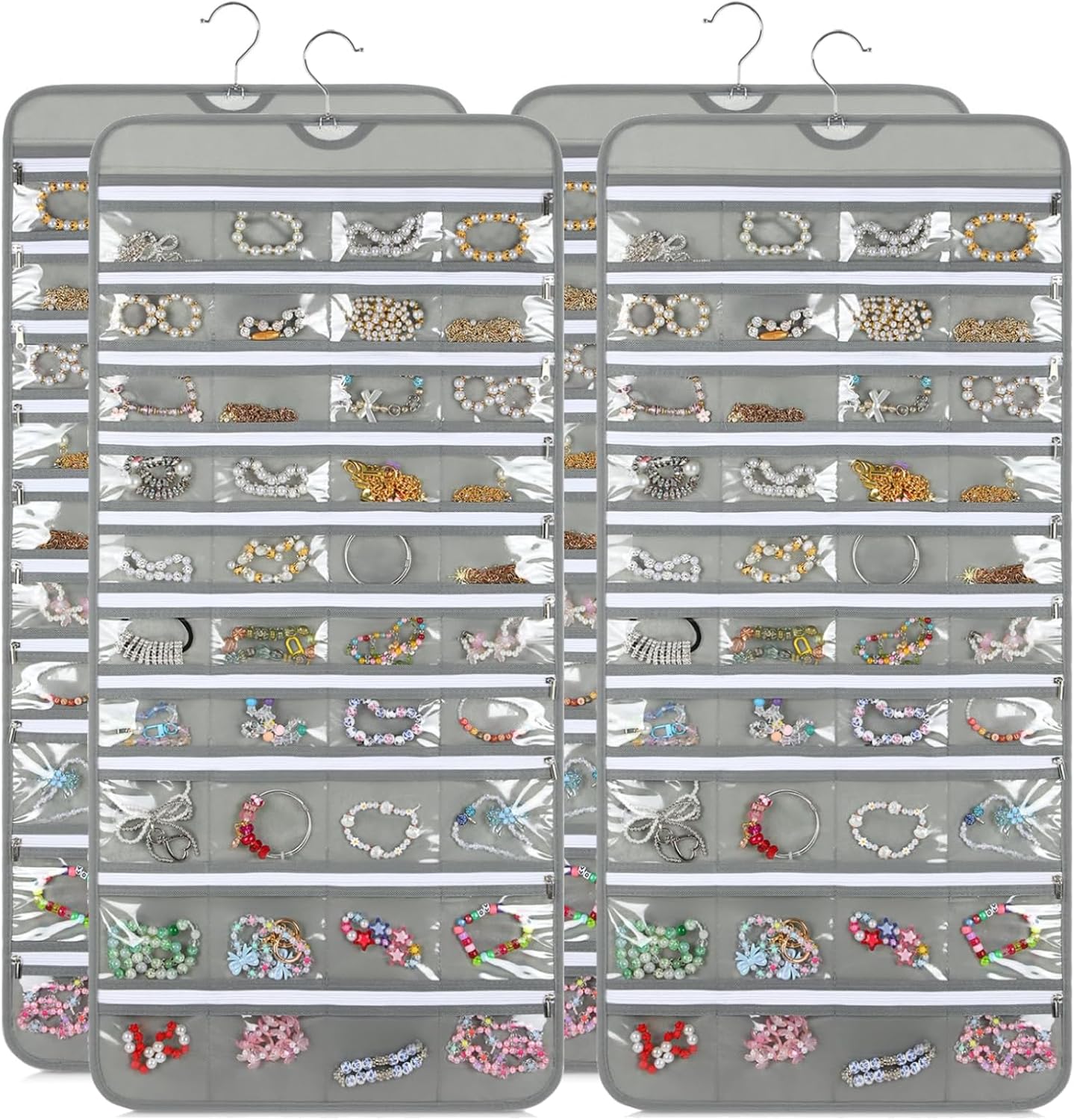 2 Pack Hanging Jewelry Organizer with 80 Zippered Pockets (White)
