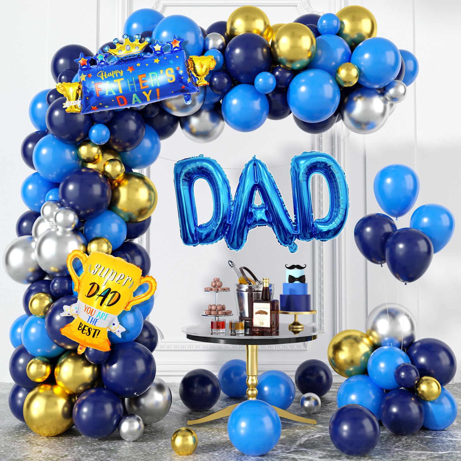 Happy Fathers Day Decoration, Navy Blue Father's Day Balloon Arch, Blue Gold Balloon Garland Kit with DAD Foil Balloons for Happy Father's Day Family