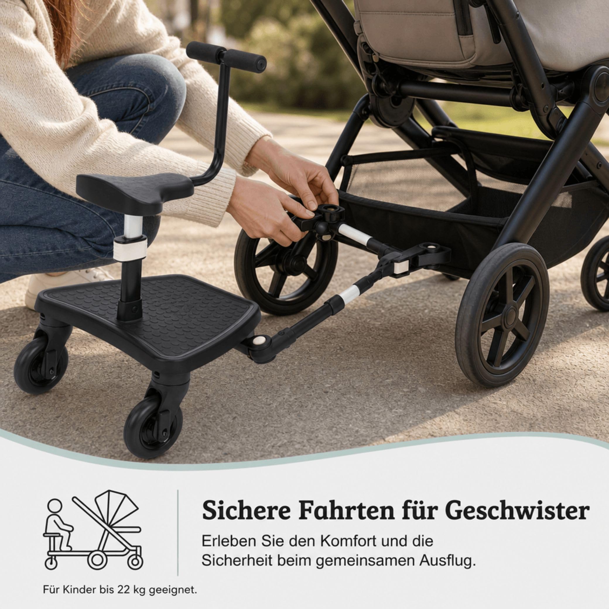 Fillikid FlexiRide Exklusiv Mitfahrbrett mit Sitz | Universal Kinderwagen Board mit Abnehmbarem Sitz | Rutschfestes Buggy Board mit Federung | Verstellbar & Klappbar | bis 22kg