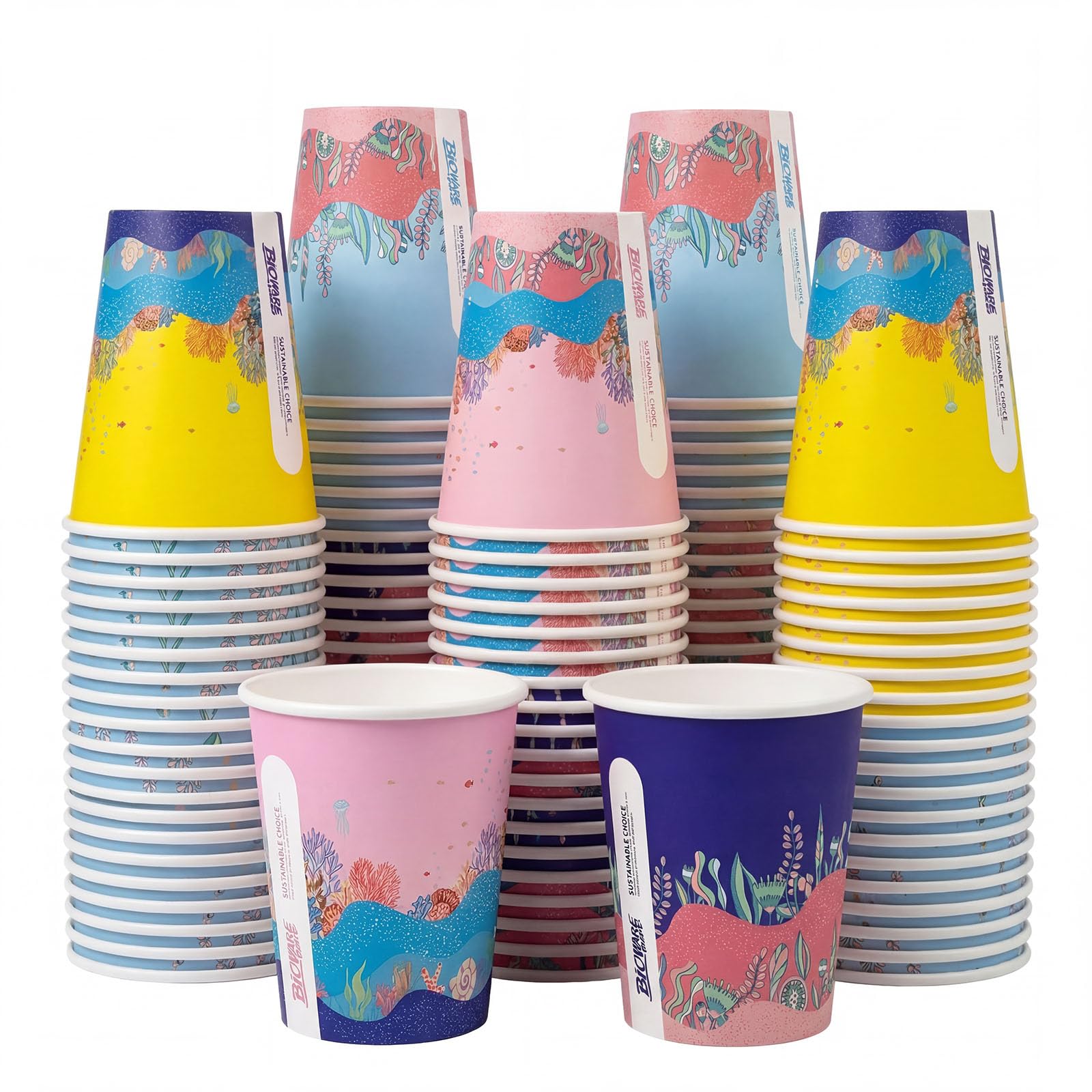 Biotakeware 100 Pcs 8oz Paper Cups for Kids, 4 Unique Ocean Theme Designs, Disposable Bulk Hot & Cold Drinking Coffee Cups for Birthday Parties, Holidays, Picnics, Travel and Special Events