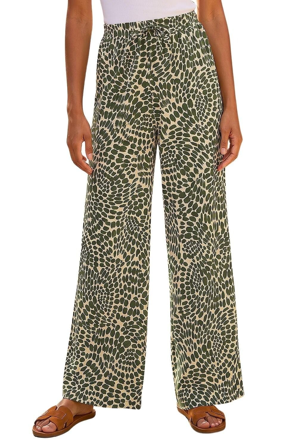 Roman Originals Wide Leg Trousers for Women UK - Ladies Palazzo Pants Floral Print Abstract Everyday Holiday Spring Summer Comfy Soft Evening Vacation Work Party - Khaki Ivory - Size 18