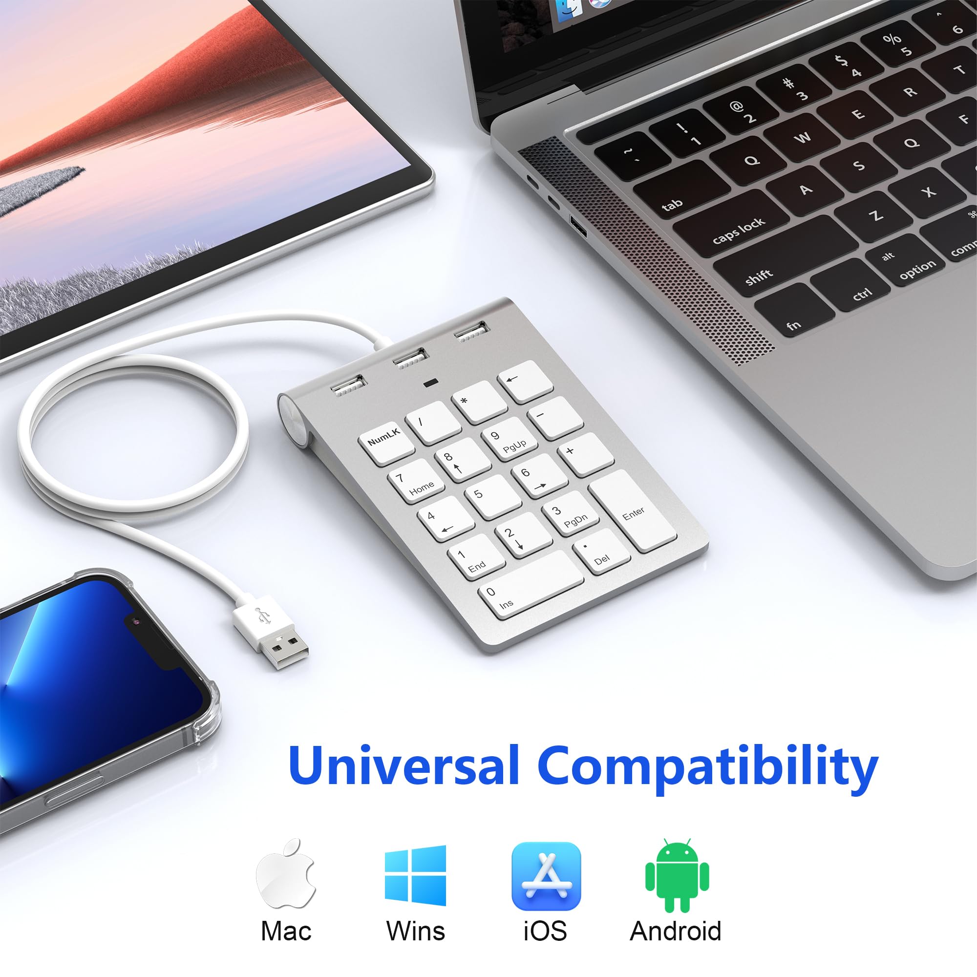 Tastierino Numerico USB - Cablato Tastierino Numerico con 3 USB Hub-480Mbps, Mini Tastiera Sottile con Filo, Cavo da 0,5 m, 18 Tasti Tastiera Numpad Portatile Calcolo per Laptop PC Desktop Surface Pad