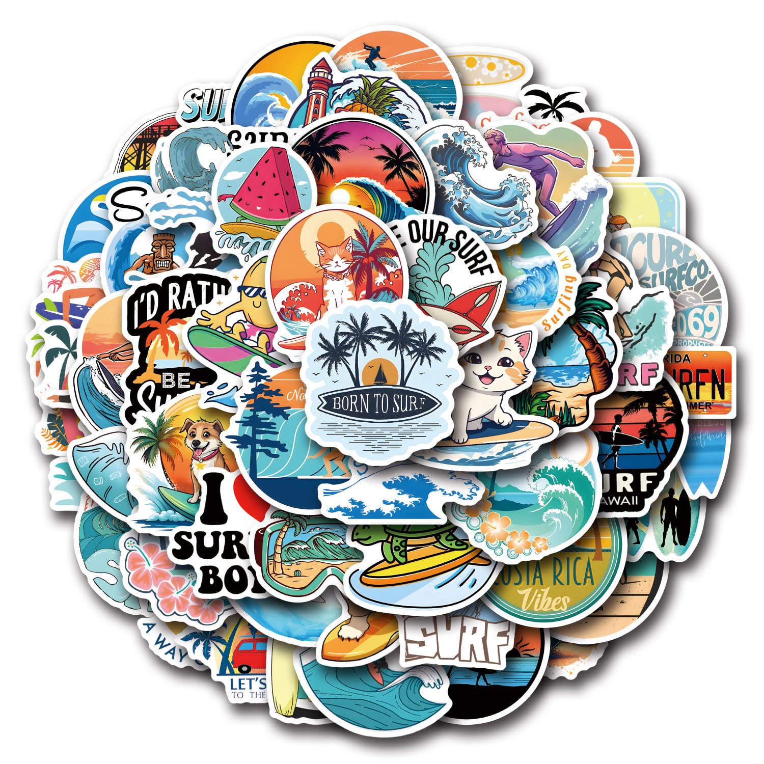 50pcs Surf & Wave Stickers for Water Bottle and Laptop - Ocean Party Favors & Decorations, Waterproof Vinyl Beach Decals, Go Surfing Stickers,Summer