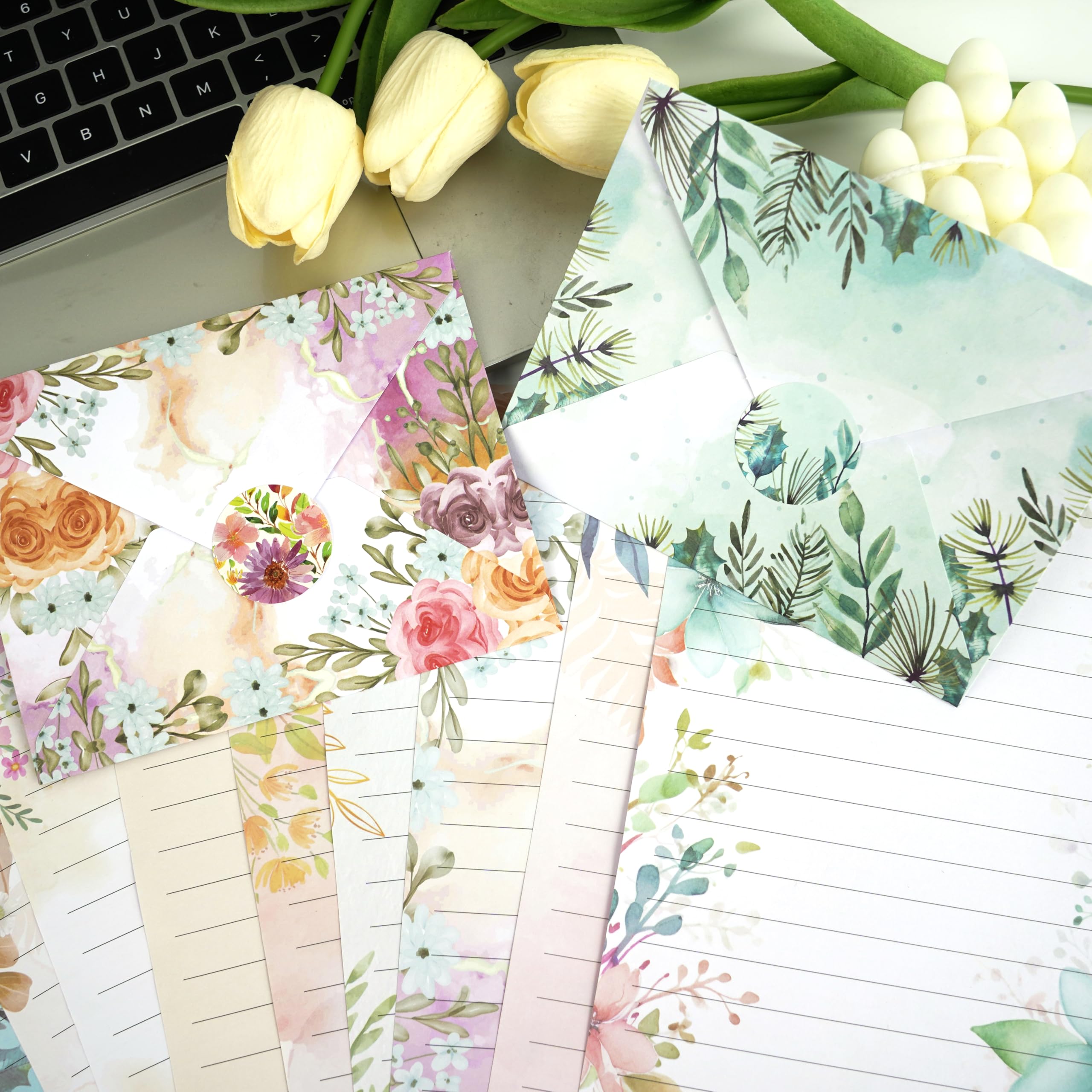 Briefpapier-Umschläge-Set, 160 Stück, 50 linierte Briefpapier, 50 Umschläge, 60 Punkt-Aufkleber, Vintage/Blumen/Blatt/Aquarell, verschiedene Stile (Schreibwaren, 160 Stück, Floral)