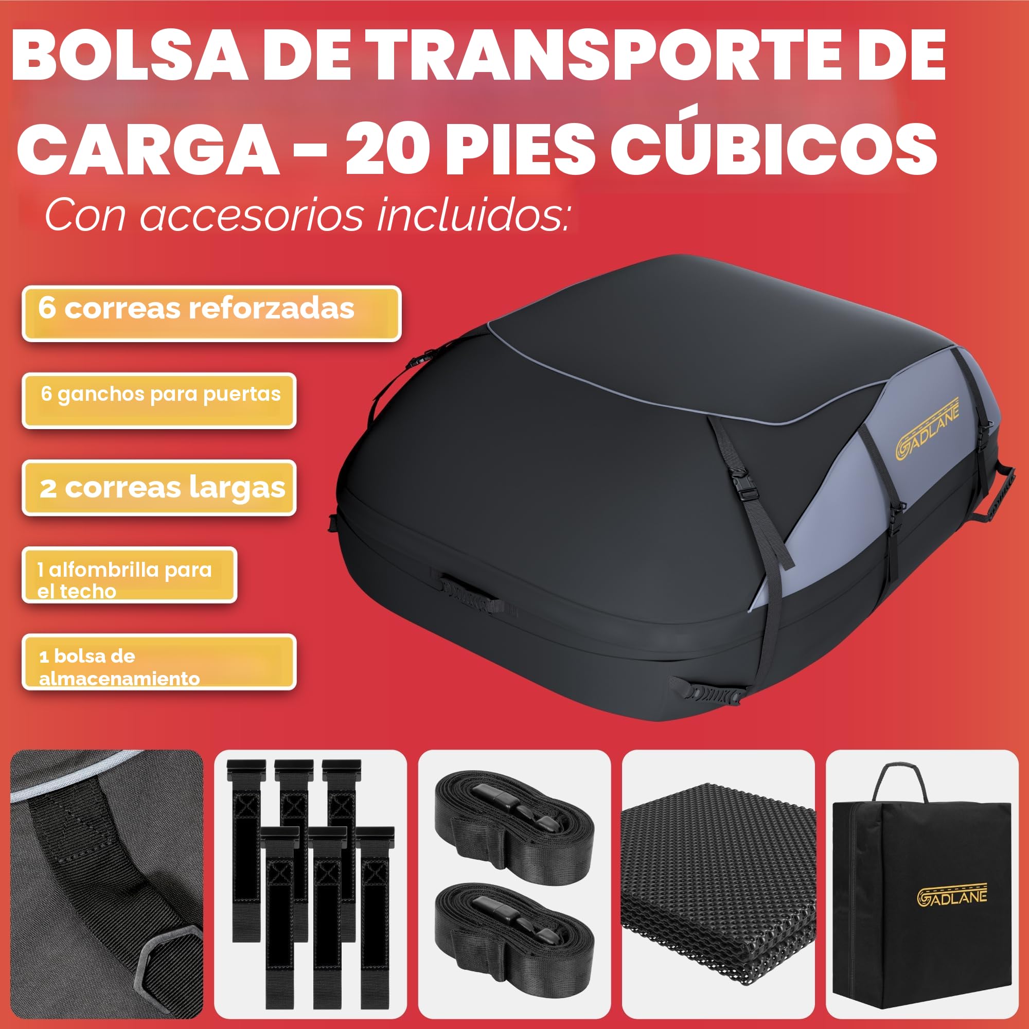 GADLANE Bolsa de Techo para Coche 550L, Impermeable, para automóviles con/sin portaequipajes con 6 Correas Resistentes, Alfombrilla Antideslizante y Bolsa de transporta para automóviles (Gris/Negro)